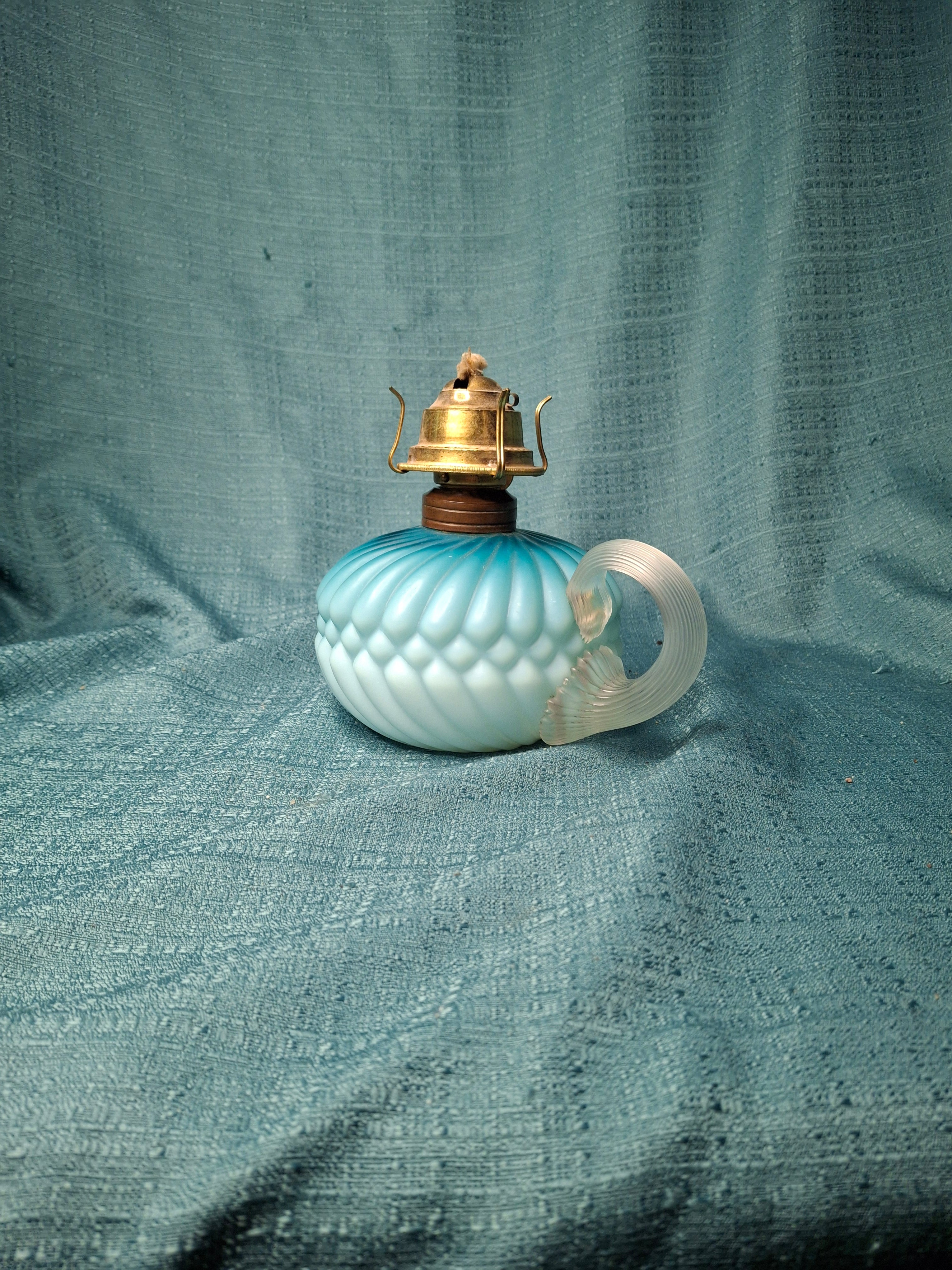 RARE Antique Blue Satin Uranium Glass Kerosene Finger Lamp Hand-Blown UV Glow