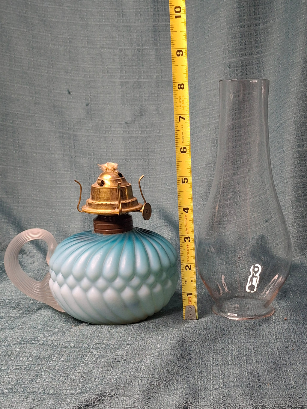 RARE Antique Blue Satin Uranium Glass Kerosene Finger Lamp Hand-Blown UV Glow