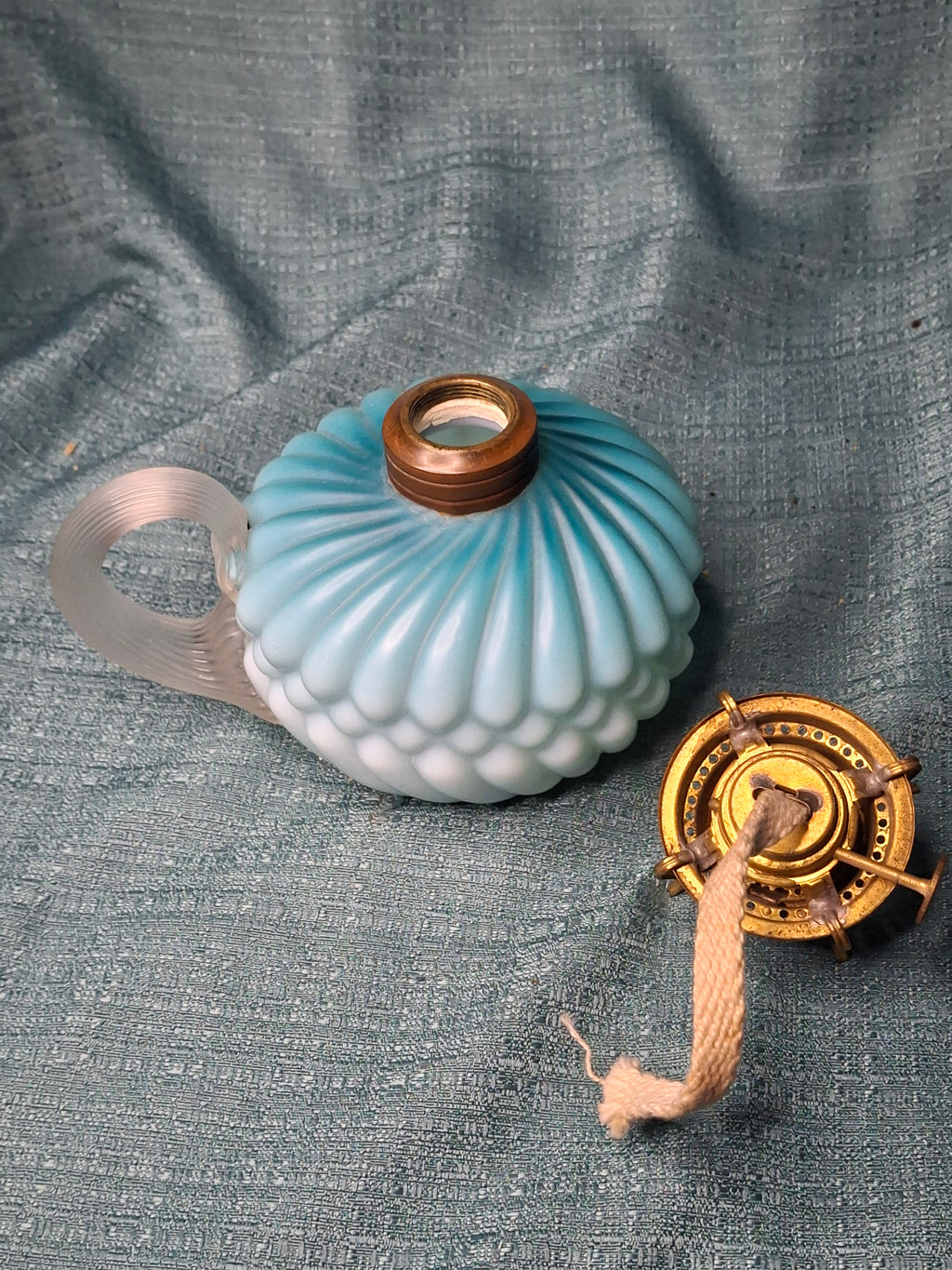 RARE Antique Blue Satin Uranium Glass Kerosene Finger Lamp Hand-Blown UV Glow