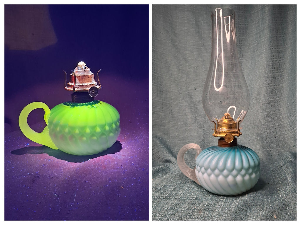 RARE Antique Blue Satin Uranium Glass Kerosene Finger Lamp Hand-Blown UV Glow