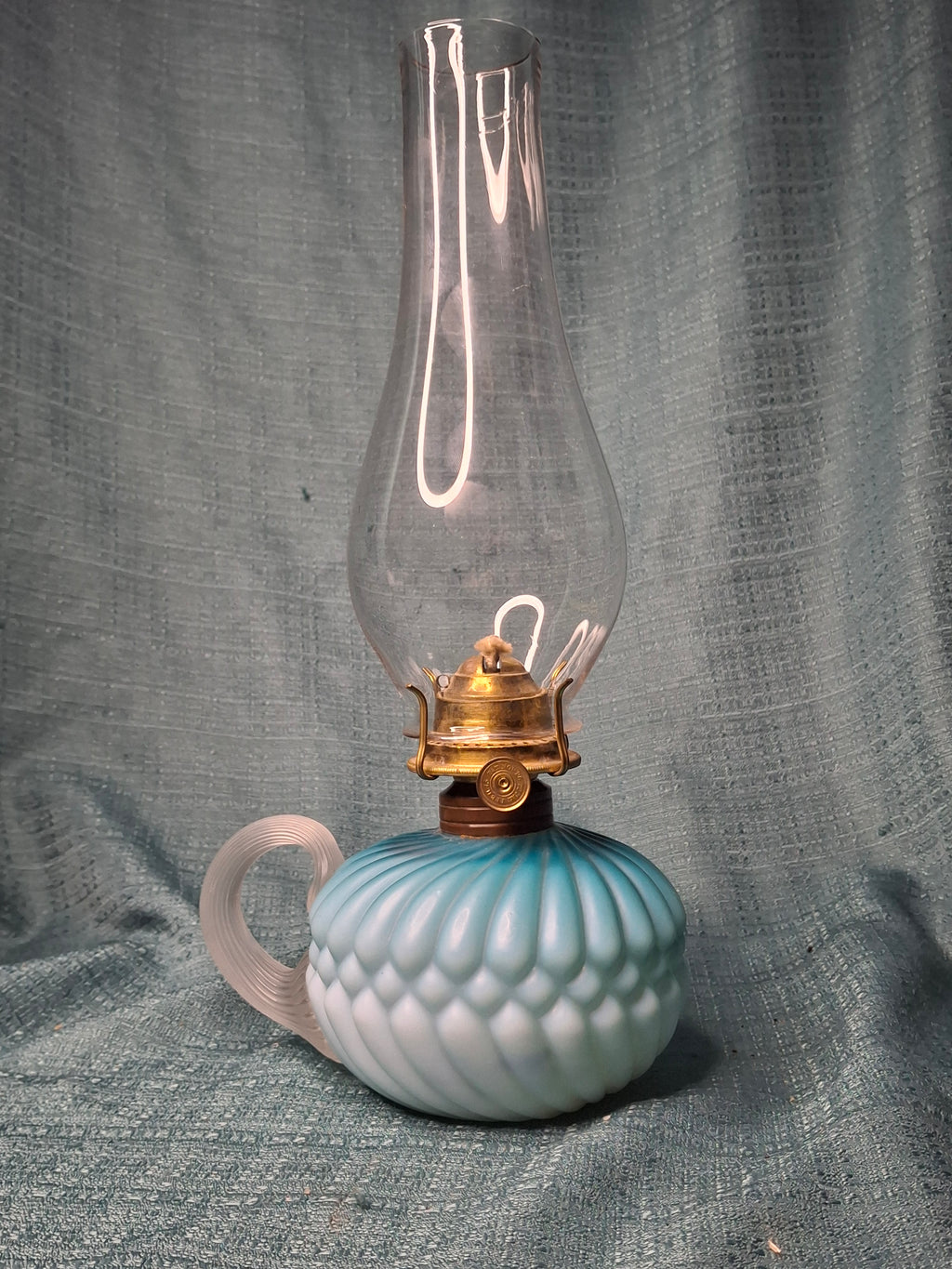 RARE Antique Blue Satin Uranium Glass Kerosene Finger Lamp Hand-Blown UV Glow