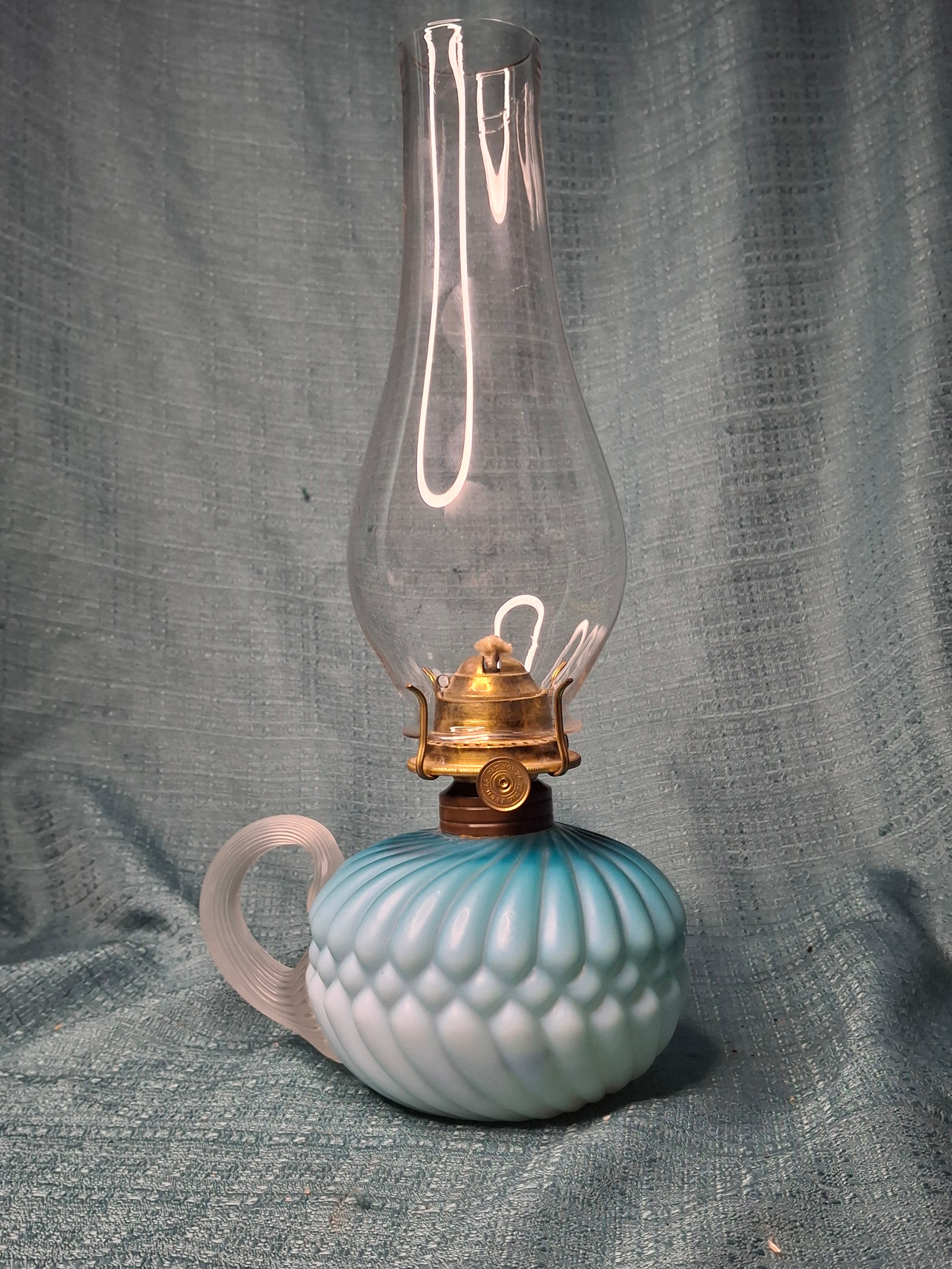 RARE Antique Blue Satin Uranium Glass Kerosene Finger Lamp Hand-Blown UV Glow