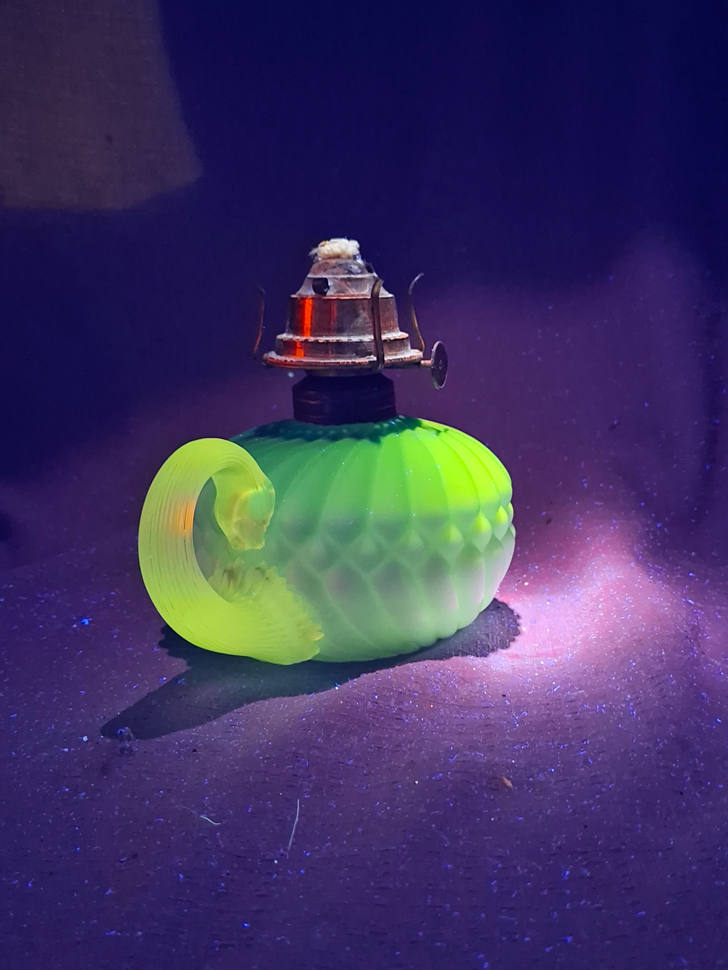 RARE Antique Blue Satin Uranium Glass Kerosene Finger Lamp Hand-Blown UV Glow