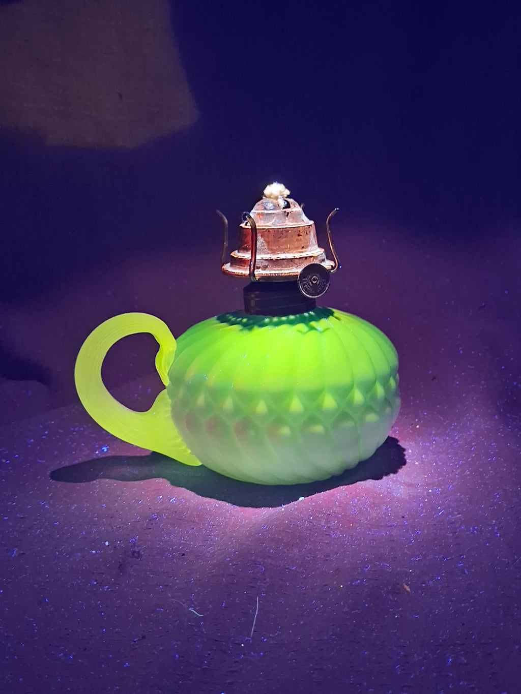 RARE Antique Blue Satin Uranium Glass Kerosene Finger Lamp Hand-Blown UV Glow