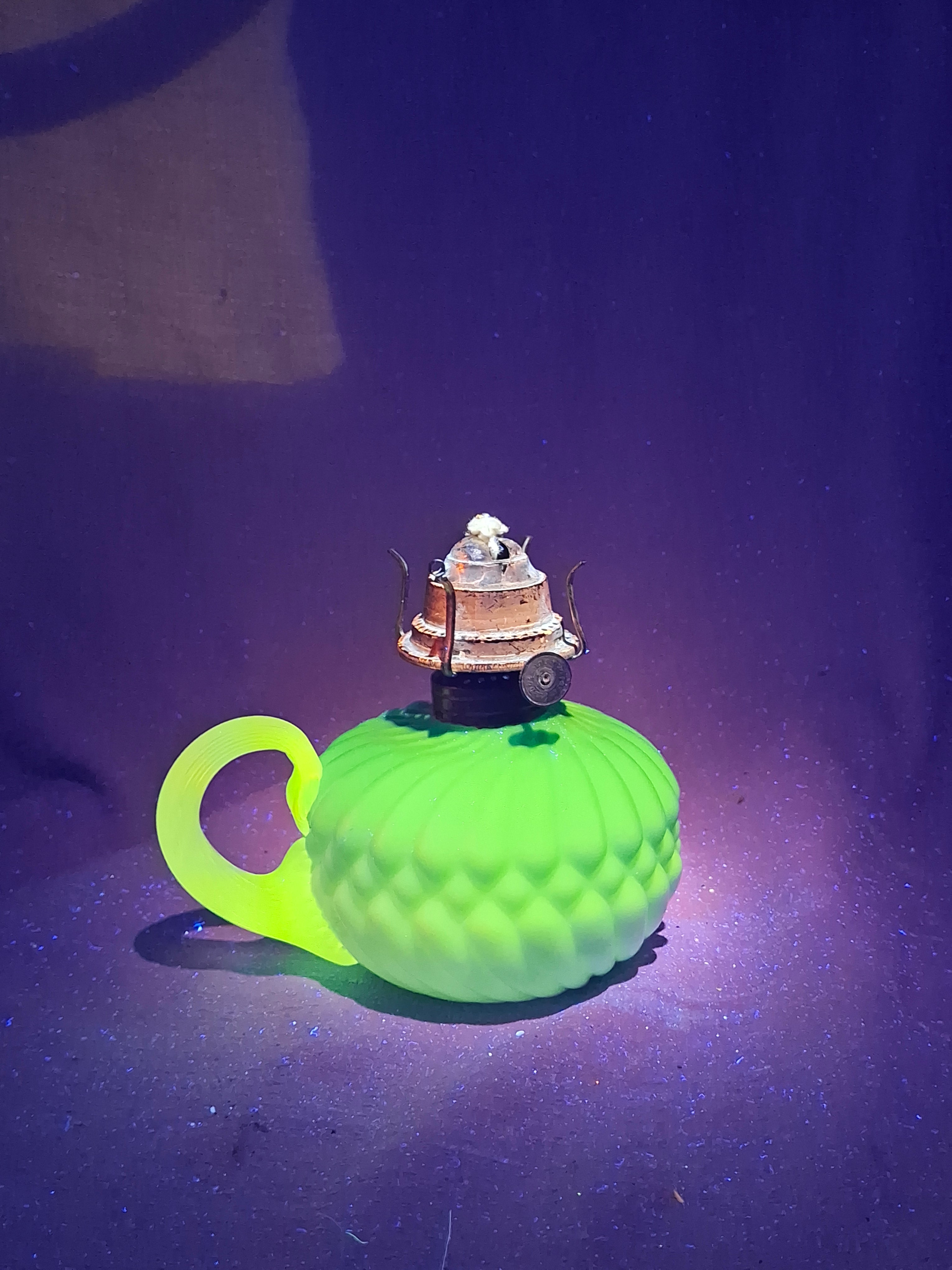 RARE Antique Blue Satin Uranium Glass Kerosene Finger Lamp Hand-Blown UV Glow