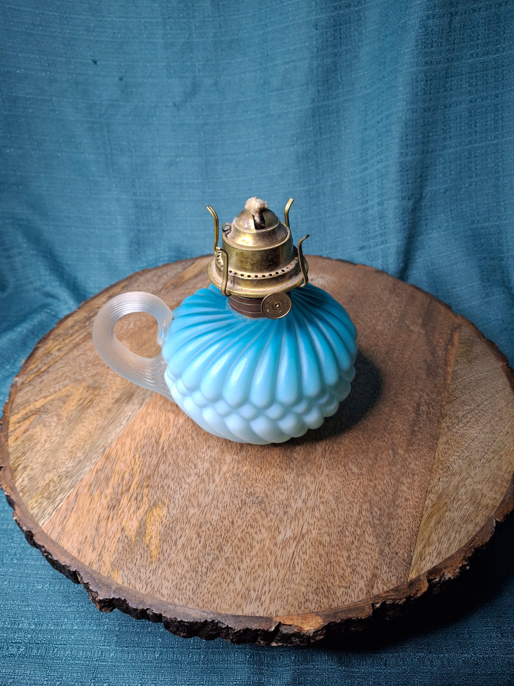 RARE Antique Blue Satin Uranium Glass Kerosene Finger Lamp Hand-Blown UV Glow