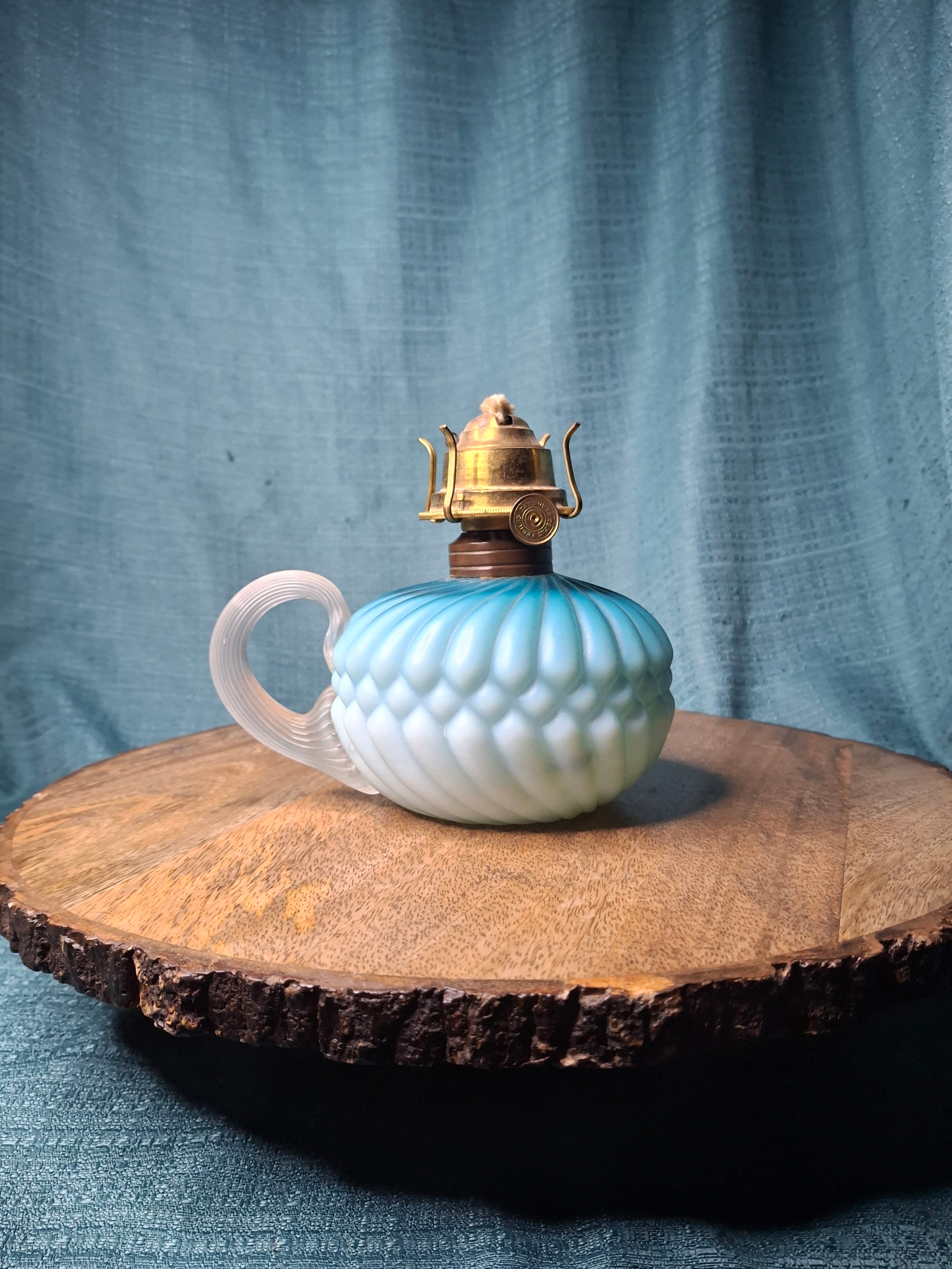 RARE Antique Blue Satin Uranium Glass Kerosene Finger Lamp Hand-Blown UV Glow