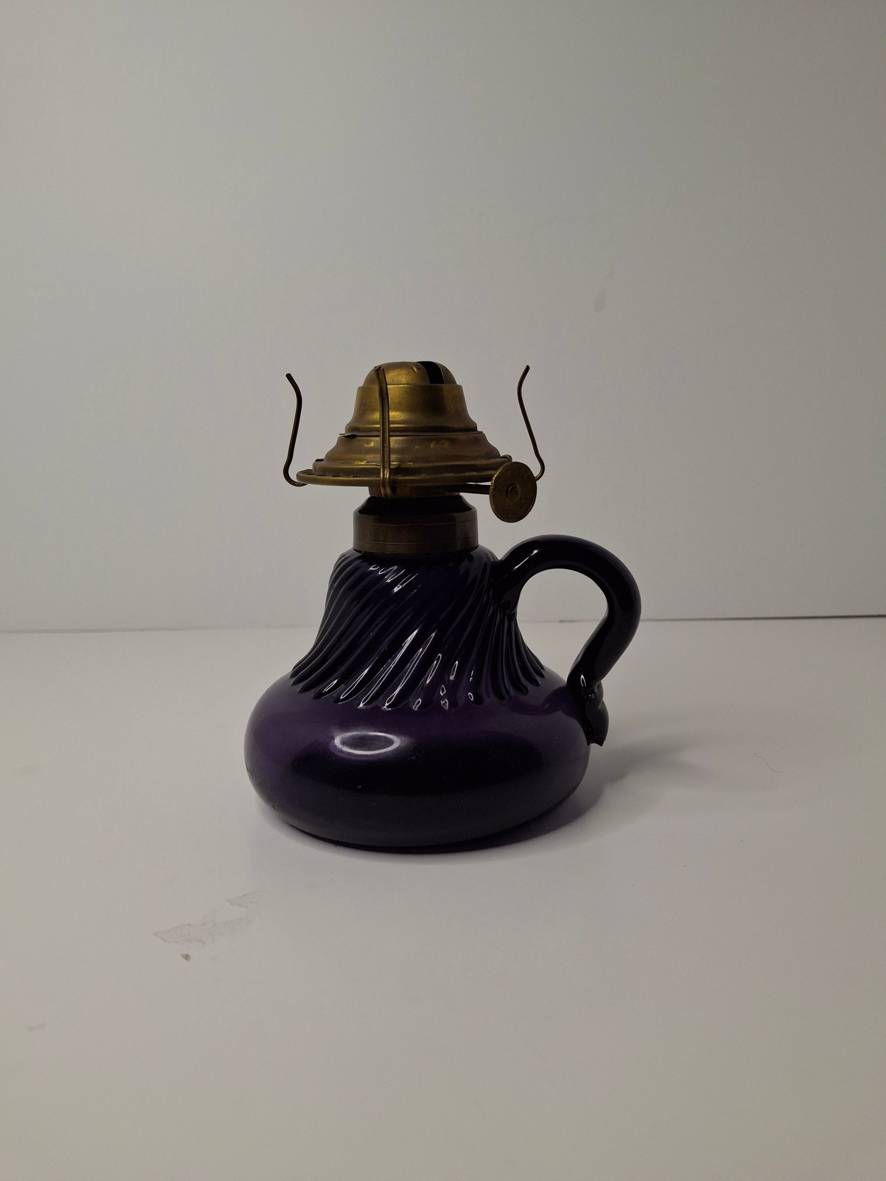 Antique Amethyst Glass Swirl Finger Lamp - P&A Banner Burner - EAPG Kerosene Oil