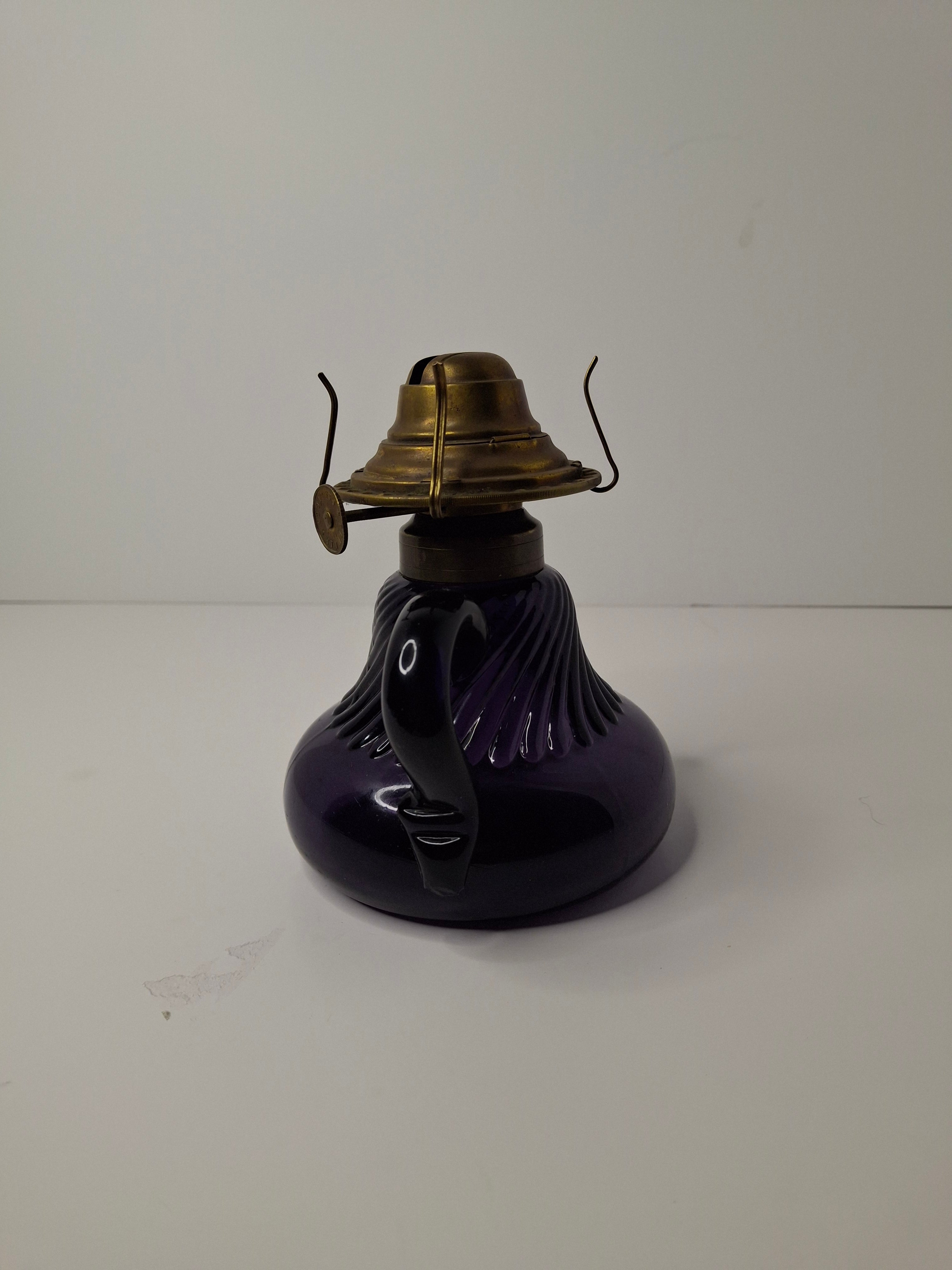 Antique Amethyst Glass Swirl Finger Lamp - P&A Banner Burner - EAPG Kerosene Oil