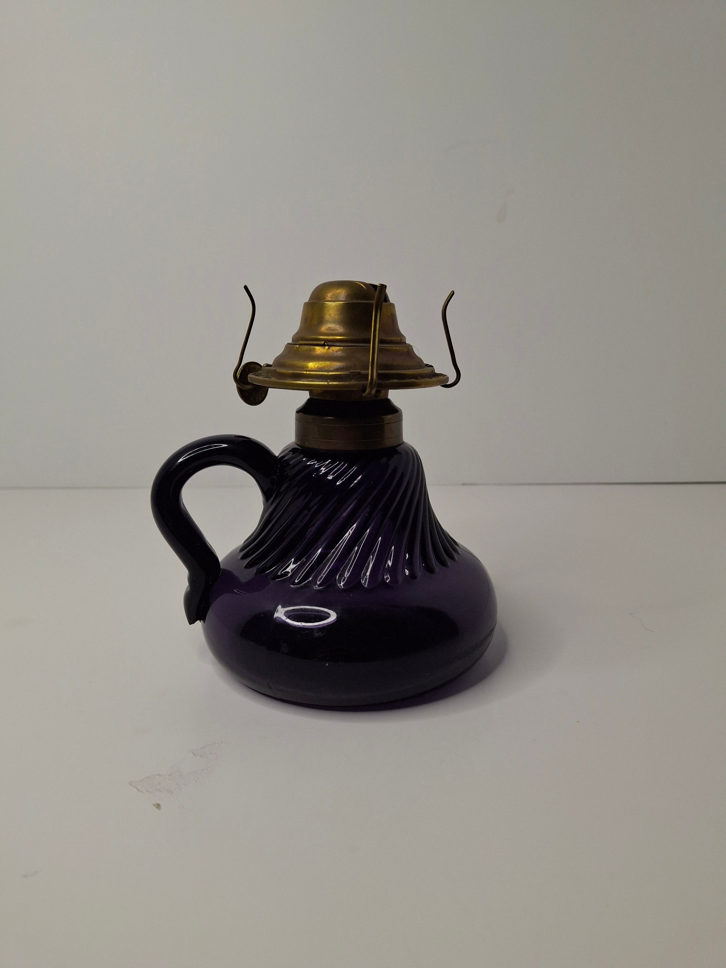 Antique Amethyst Glass Swirl Finger Lamp - P&A Banner Burner - EAPG Kerosene Oil