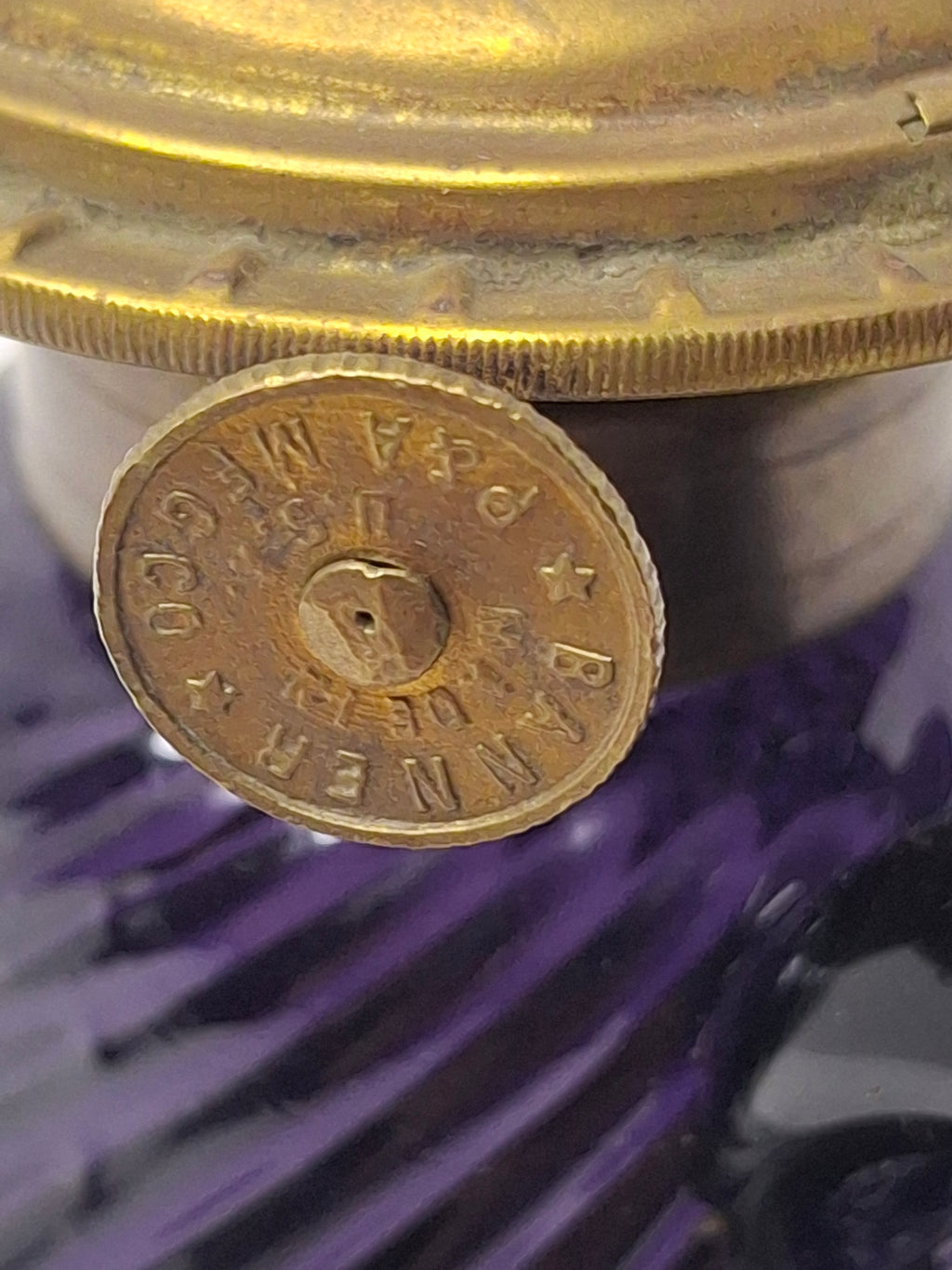 Antique Amethyst Glass Swirl Finger Lamp - P&A Banner Burner - EAPG Kerosene Oil