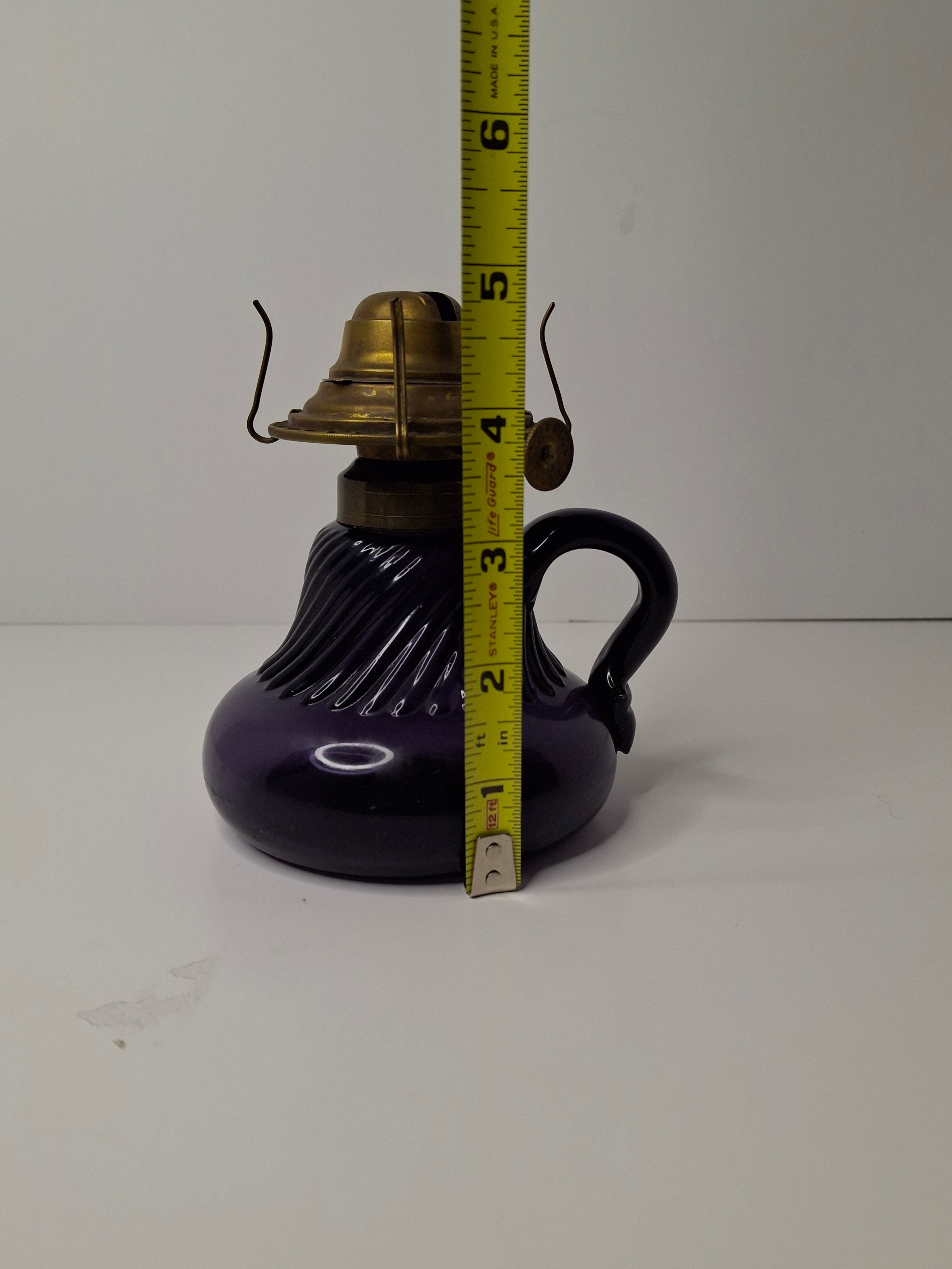 Antique Amethyst Glass Swirl Finger Lamp - P&A Banner Burner - EAPG Kerosene Oil