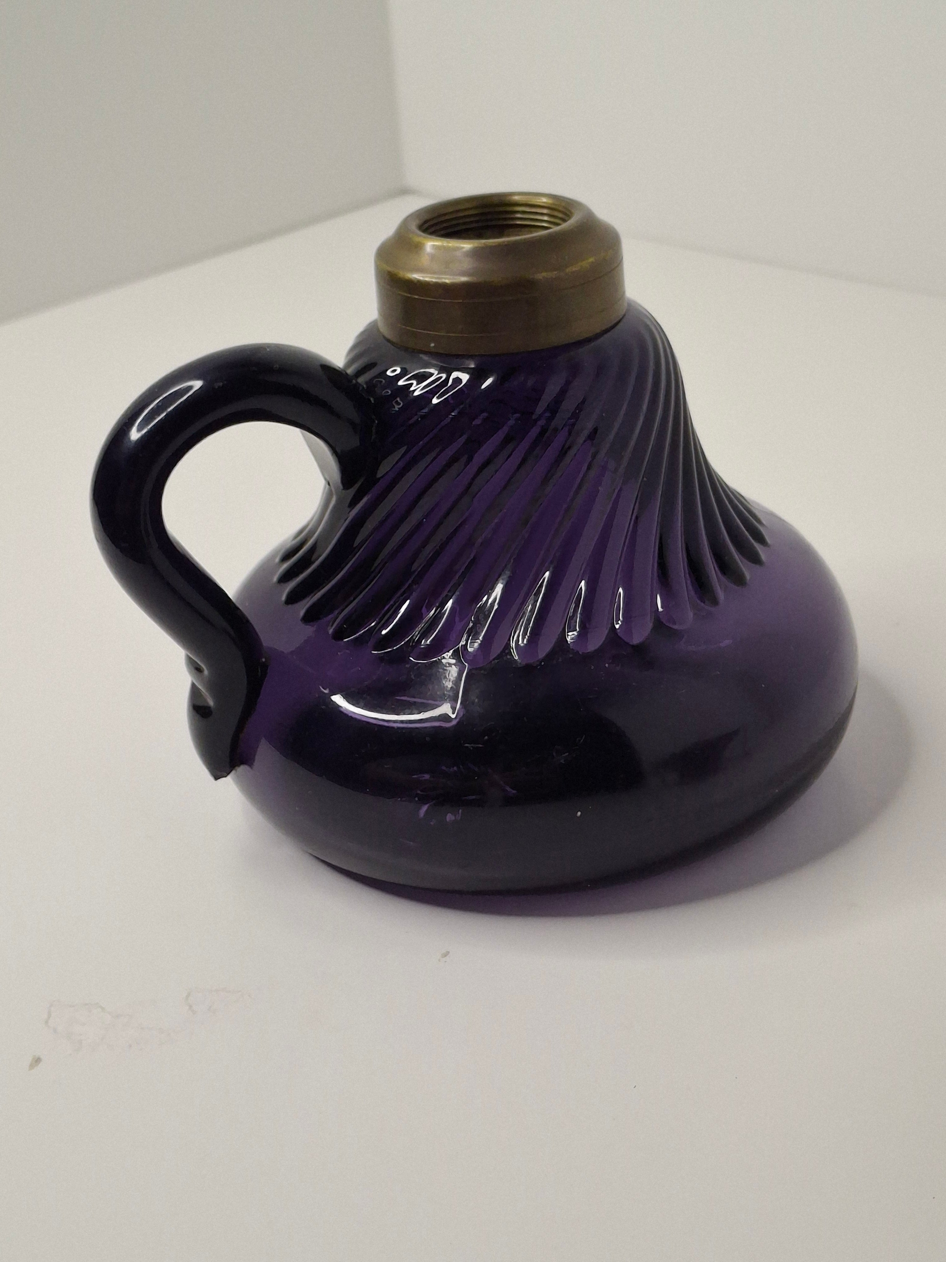 Antique Amethyst Glass Swirl Finger Lamp - P&A Banner Burner - EAPG Kerosene Oil