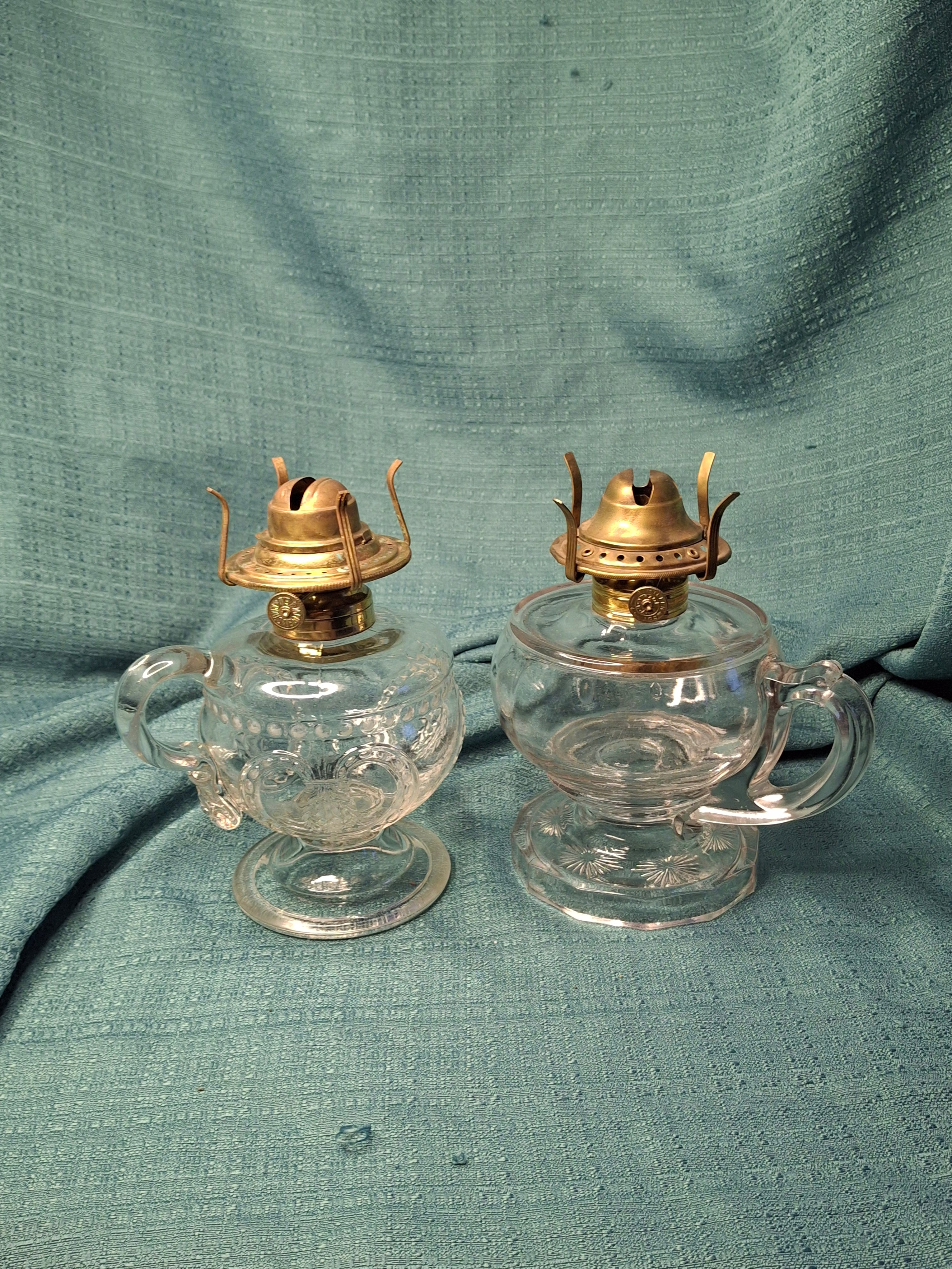 Pair Antique 19thC Kerosene Finger Lamps - Beaded Medallion & E. Miller Daisy Base - Period-Correct Brass Burners