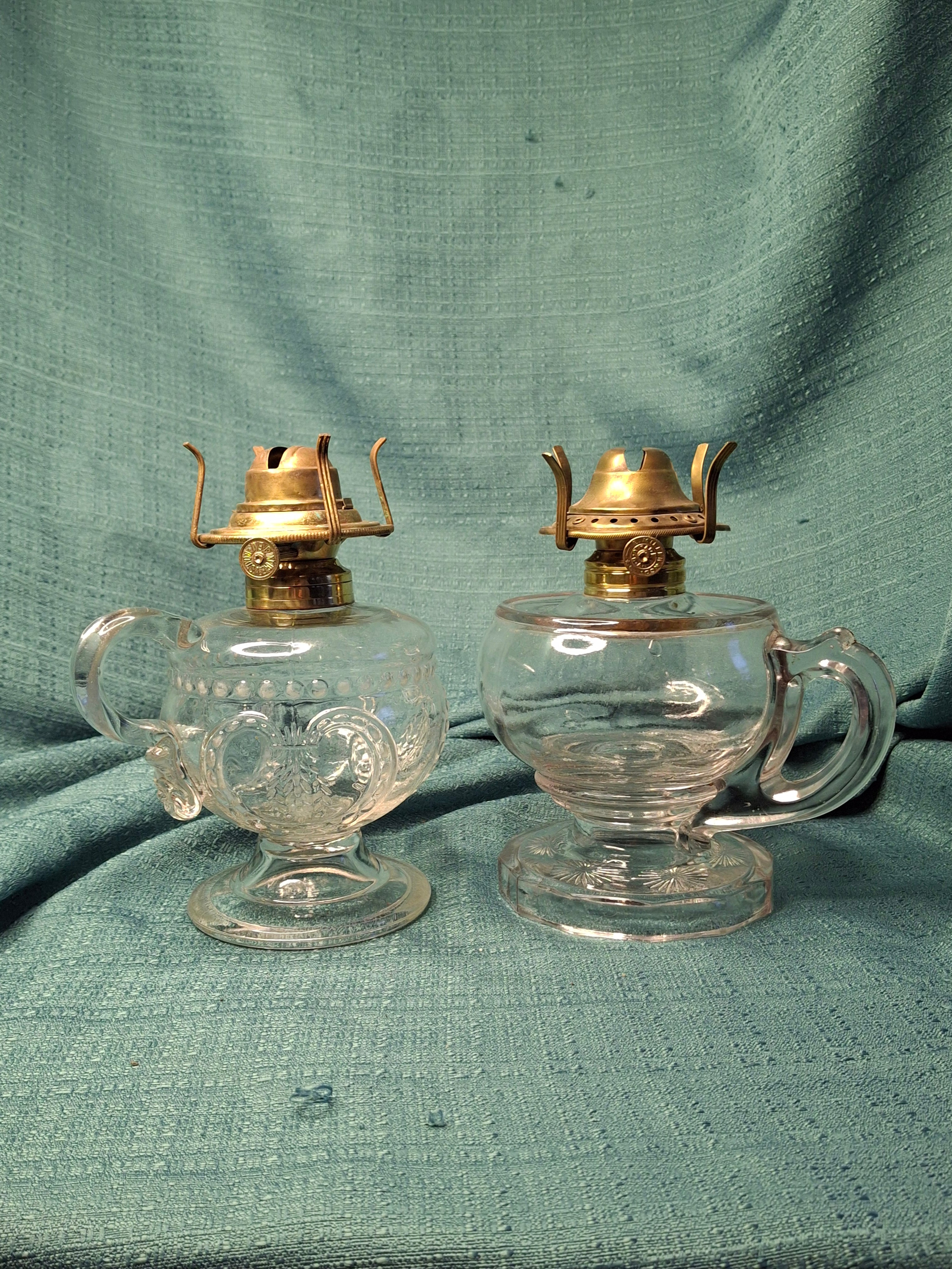 Pair Antique 19thC Kerosene Finger Lamps - Beaded Medallion & E. Miller Daisy Base - Period-Correct Brass Burners