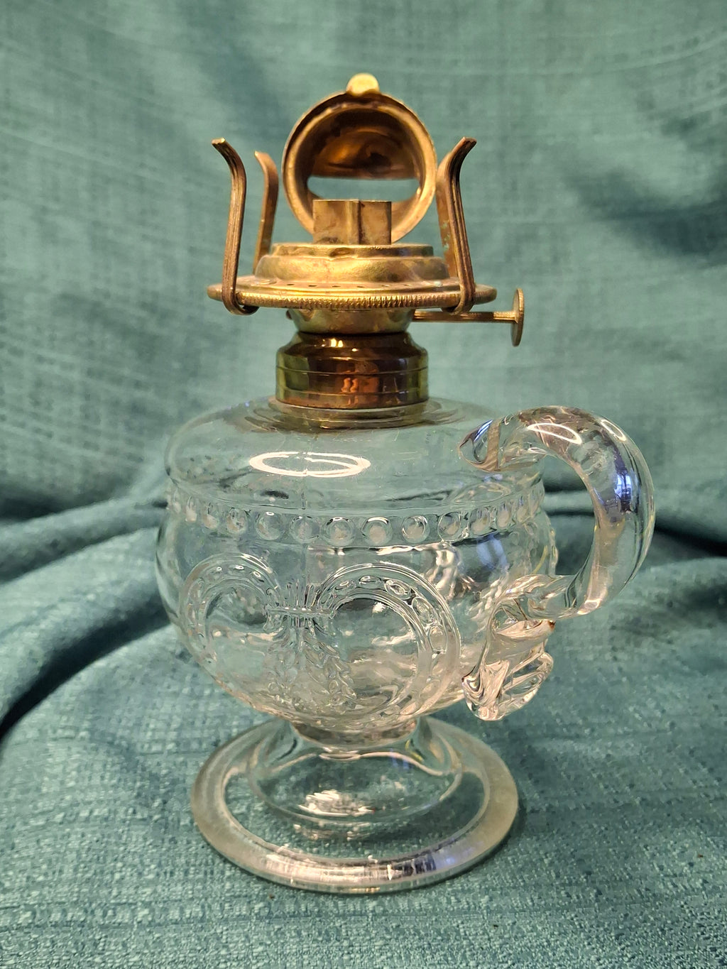 Pair Antique 19thC Kerosene Finger Lamps - Beaded Medallion & E. Miller Daisy Base - Period-Correct Brass Burners