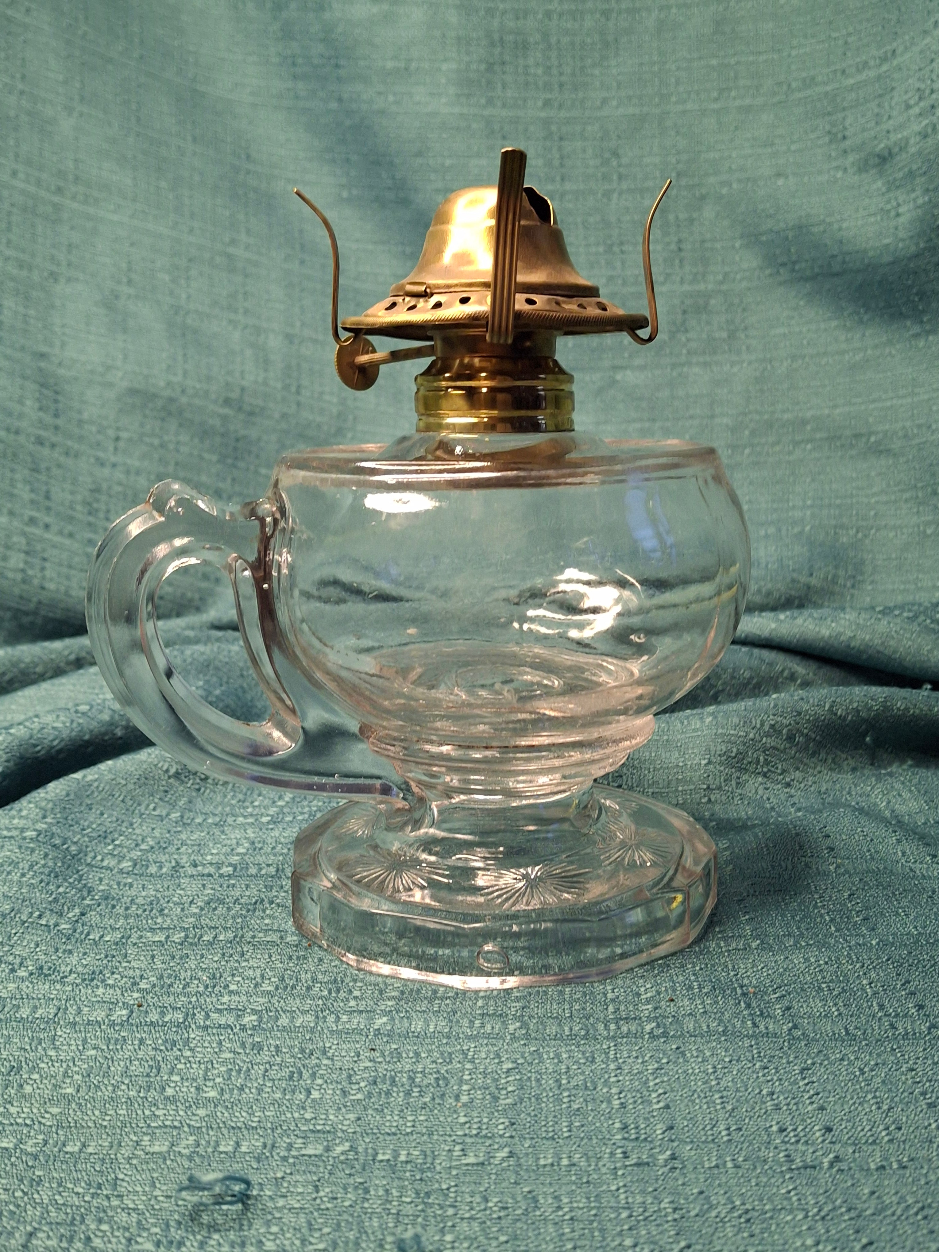 Pair Antique 19thC Kerosene Finger Lamps - Beaded Medallion & E. Miller Daisy Base - Period-Correct Brass Burners
