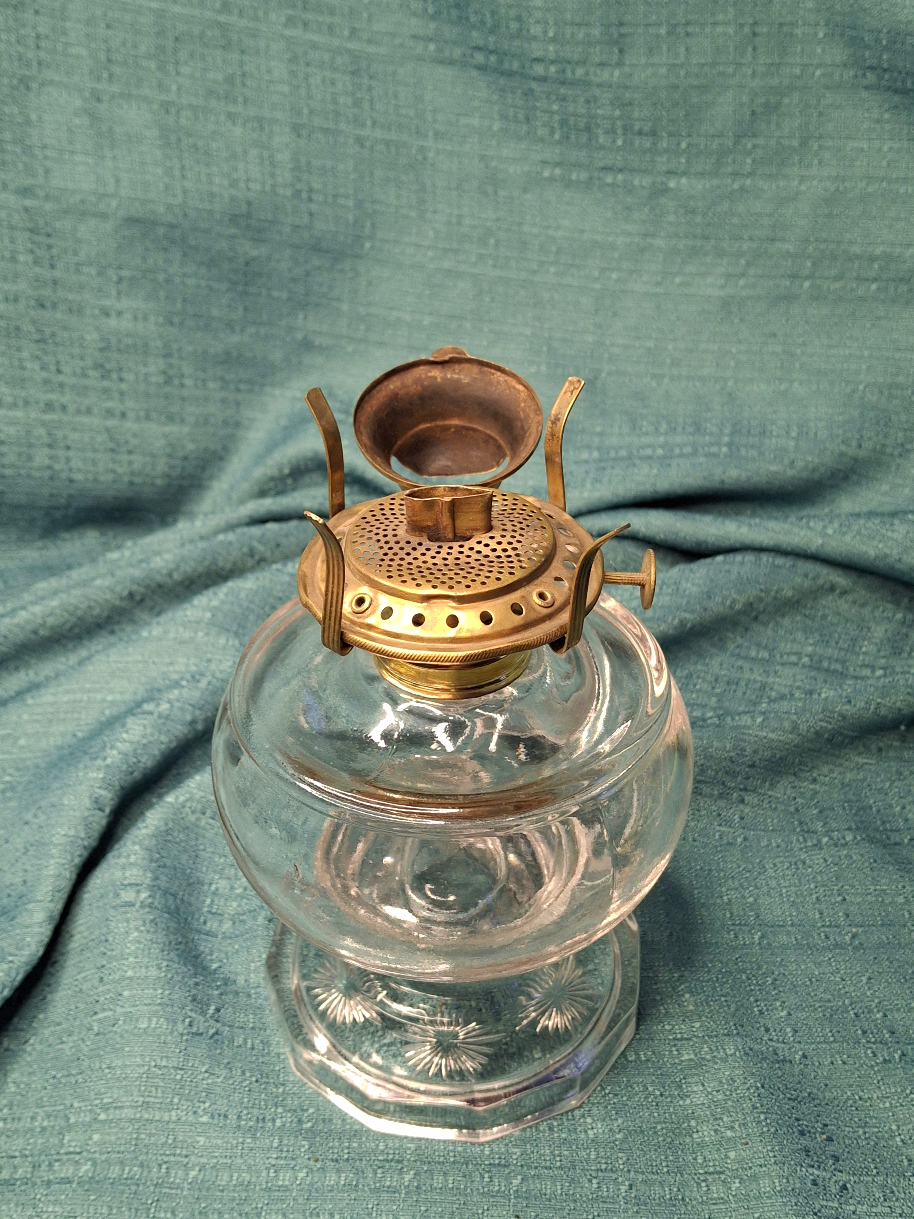 Pair Antique 19thC Kerosene Finger Lamps - Beaded Medallion & E. Miller Daisy Base - Period-Correct Brass Burners