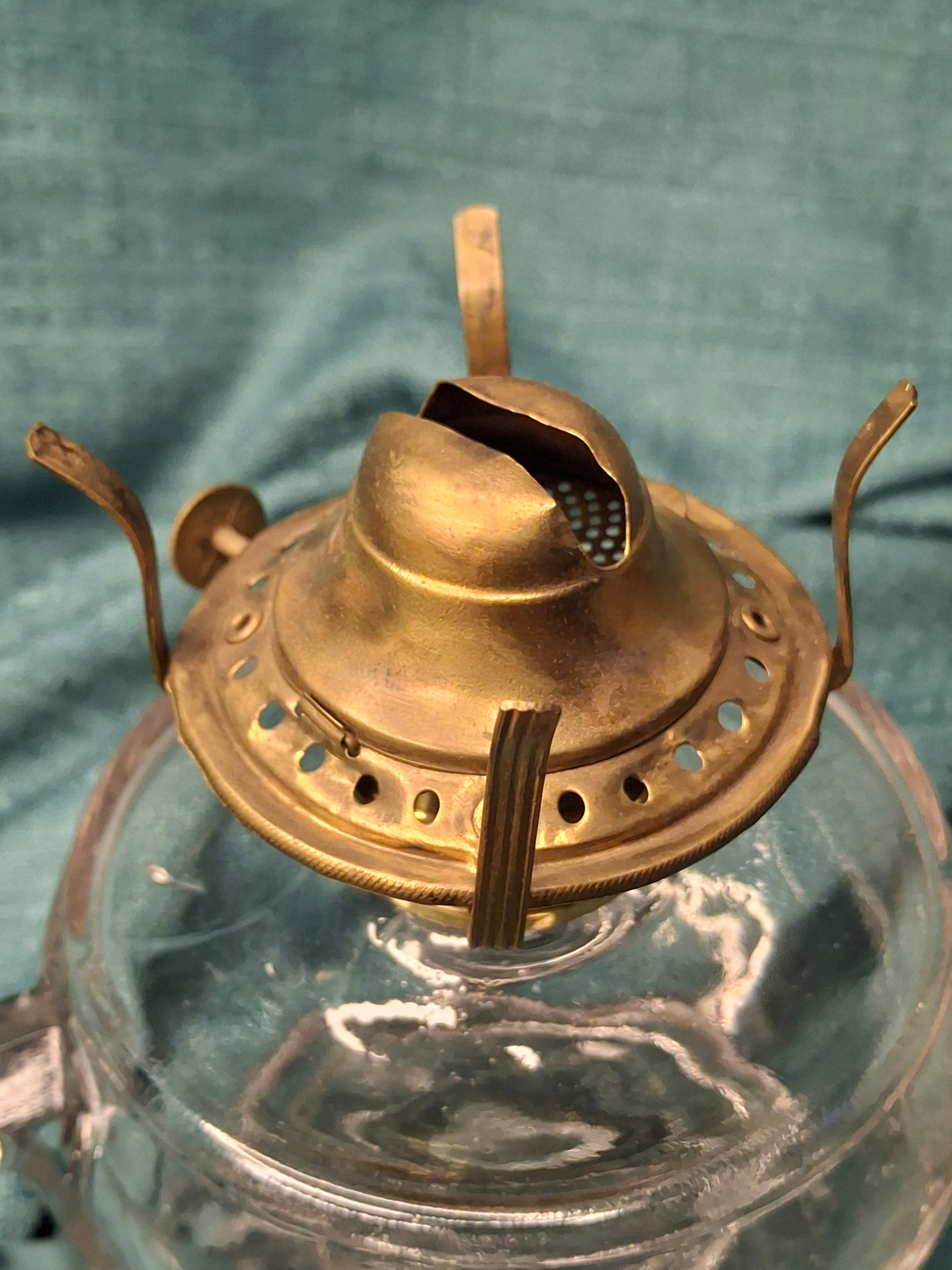 Pair Antique 19thC Kerosene Finger Lamps - Beaded Medallion & E. Miller Daisy Base - Period-Correct Brass Burners
