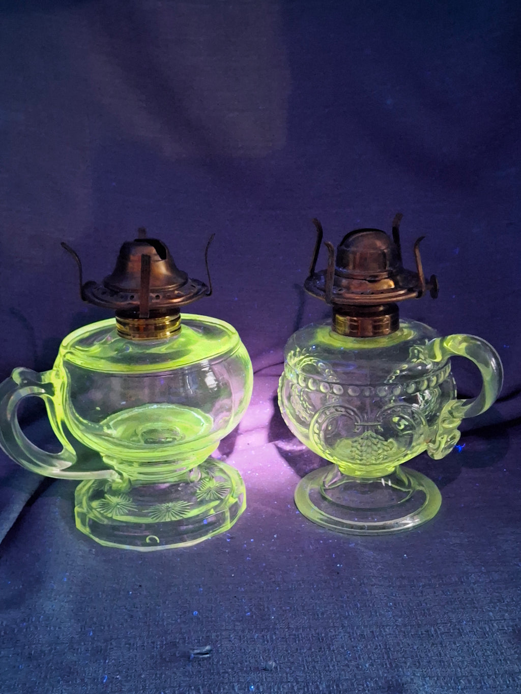 Pair Antique 19thC Kerosene Finger Lamps - Beaded Medallion & E. Miller Daisy Base - Period-Correct Brass Burners