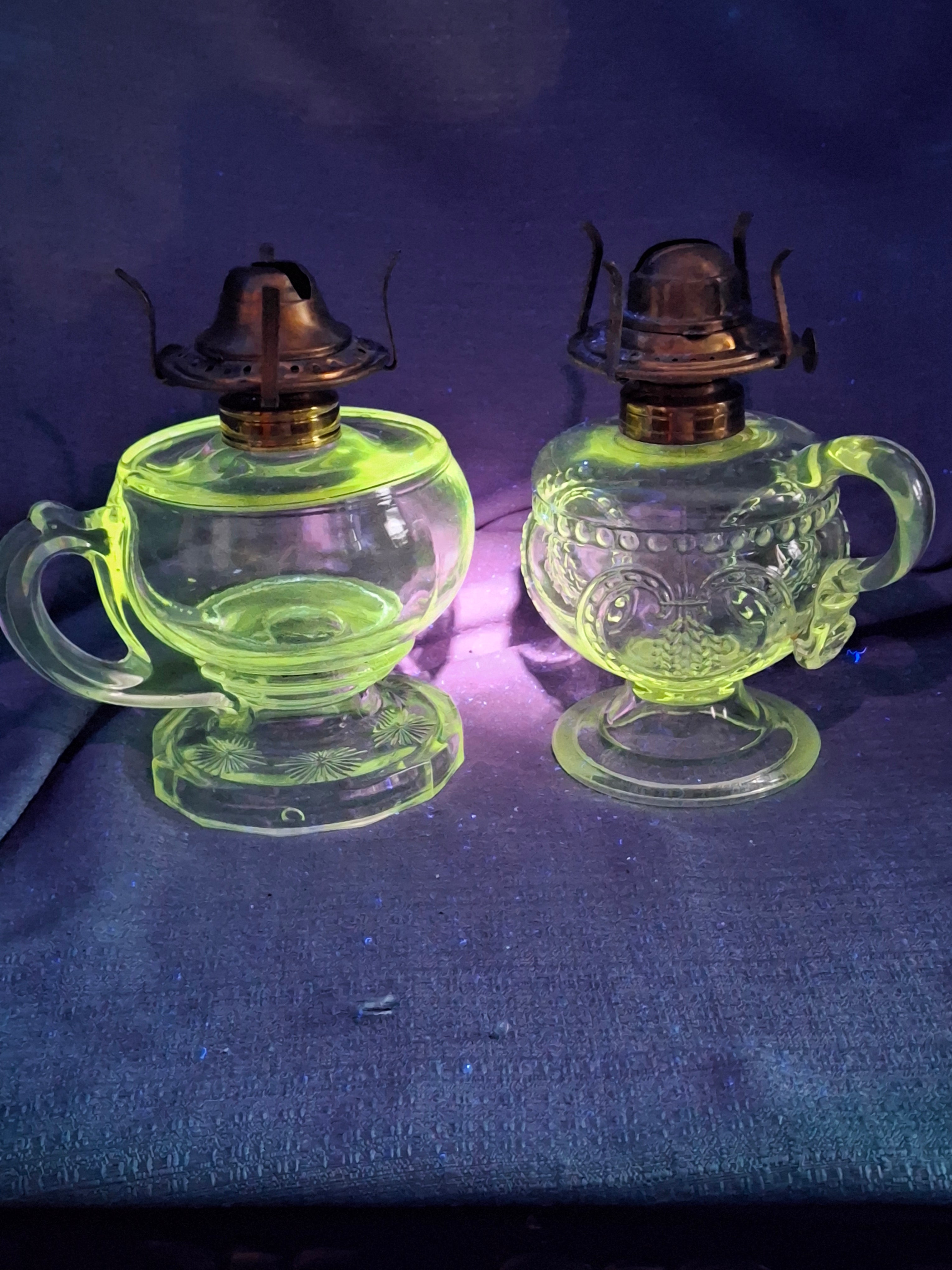 Pair Antique 19thC Kerosene Finger Lamps - Beaded Medallion & E. Miller Daisy Base - Period-Correct Brass Burners