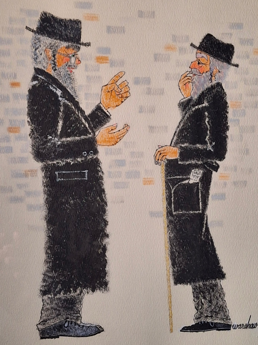Matched Pair Stuart Warshaw Signed Judaica Illustrations – Direct Artist Provenance – Framed 18x24
