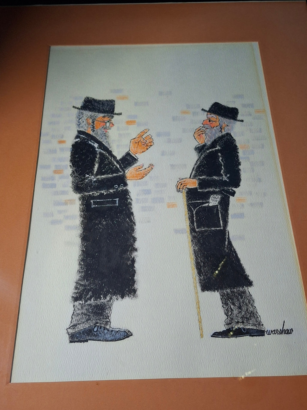 Matched Pair Stuart Warshaw Signed Judaica Illustrations – Direct Artist Provenance – Framed 18x24