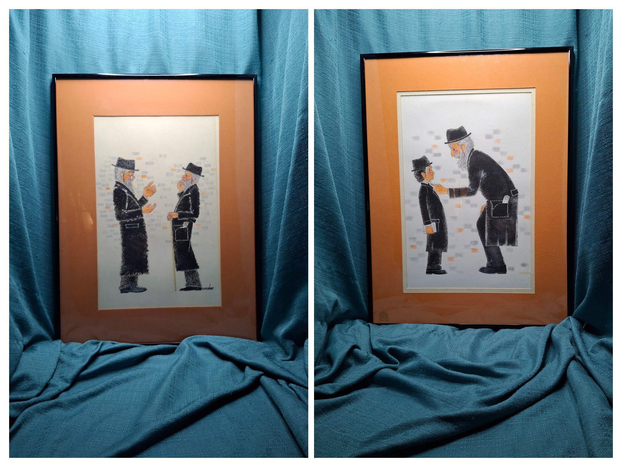 Matched Pair Stuart Warshaw Signed Judaica Illustrations – Direct Artist Provenance – Framed 18x24