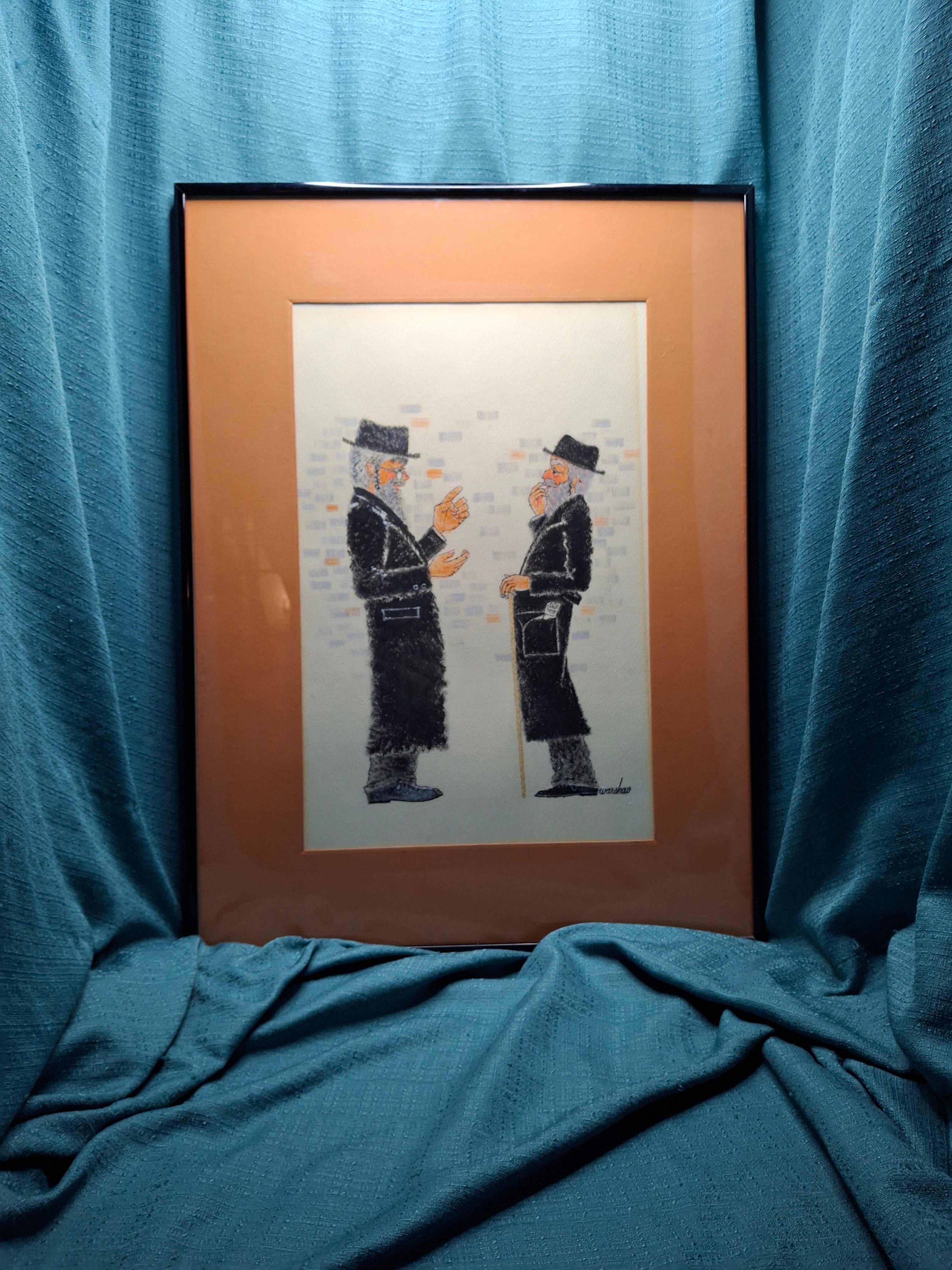 Matched Pair Stuart Warshaw Signed Judaica Illustrations – Direct Artist Provenance – Framed 18x24