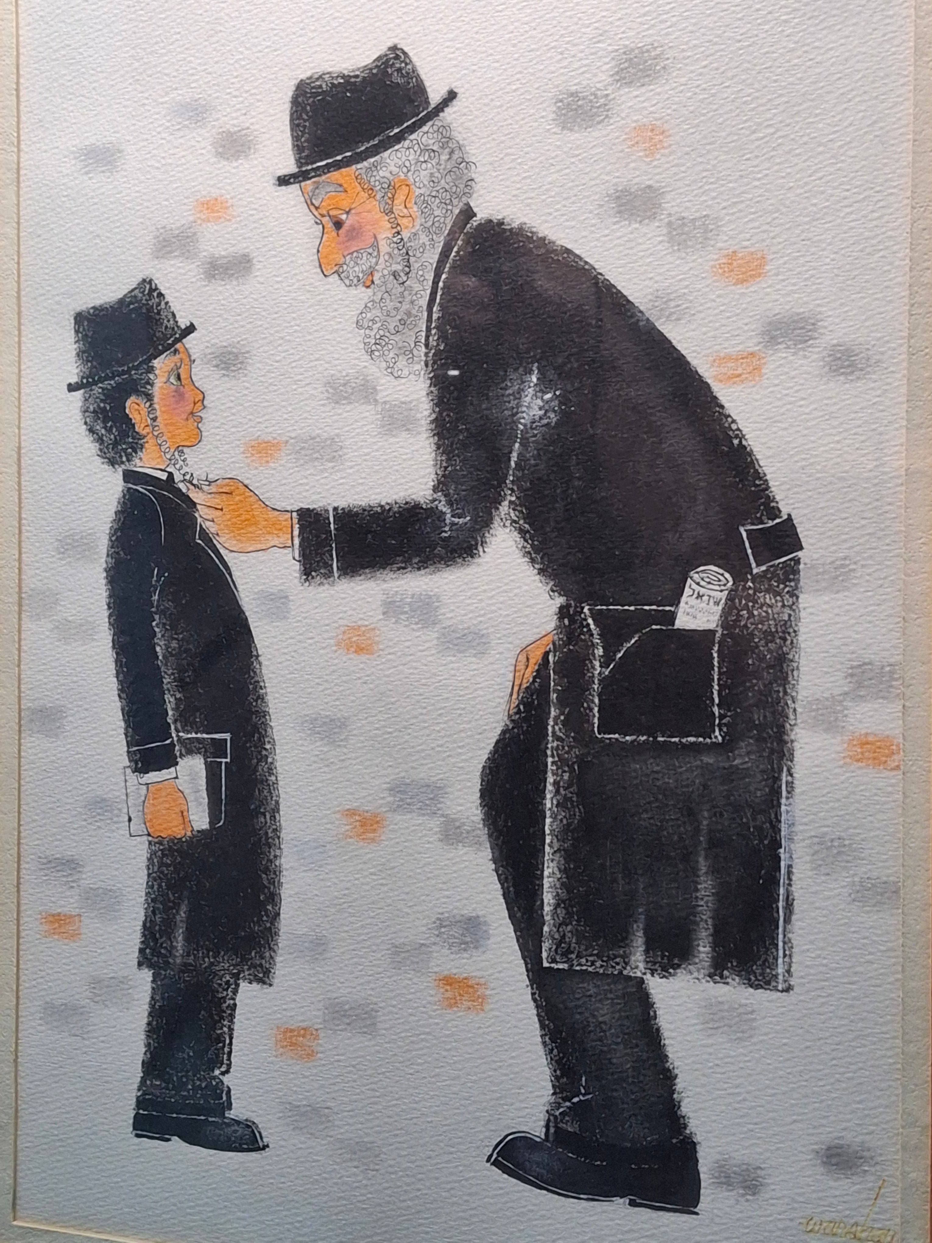 Matched Pair Stuart Warshaw Signed Judaica Illustrations – Direct Artist Provenance – Framed 18x24