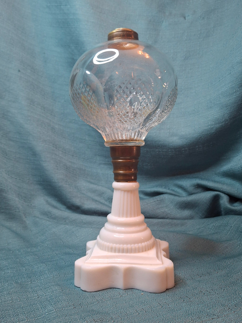 1850s EAPG Milk Glass Whale Oil Lamp - Diamond Point & Flute - Patrick Slane