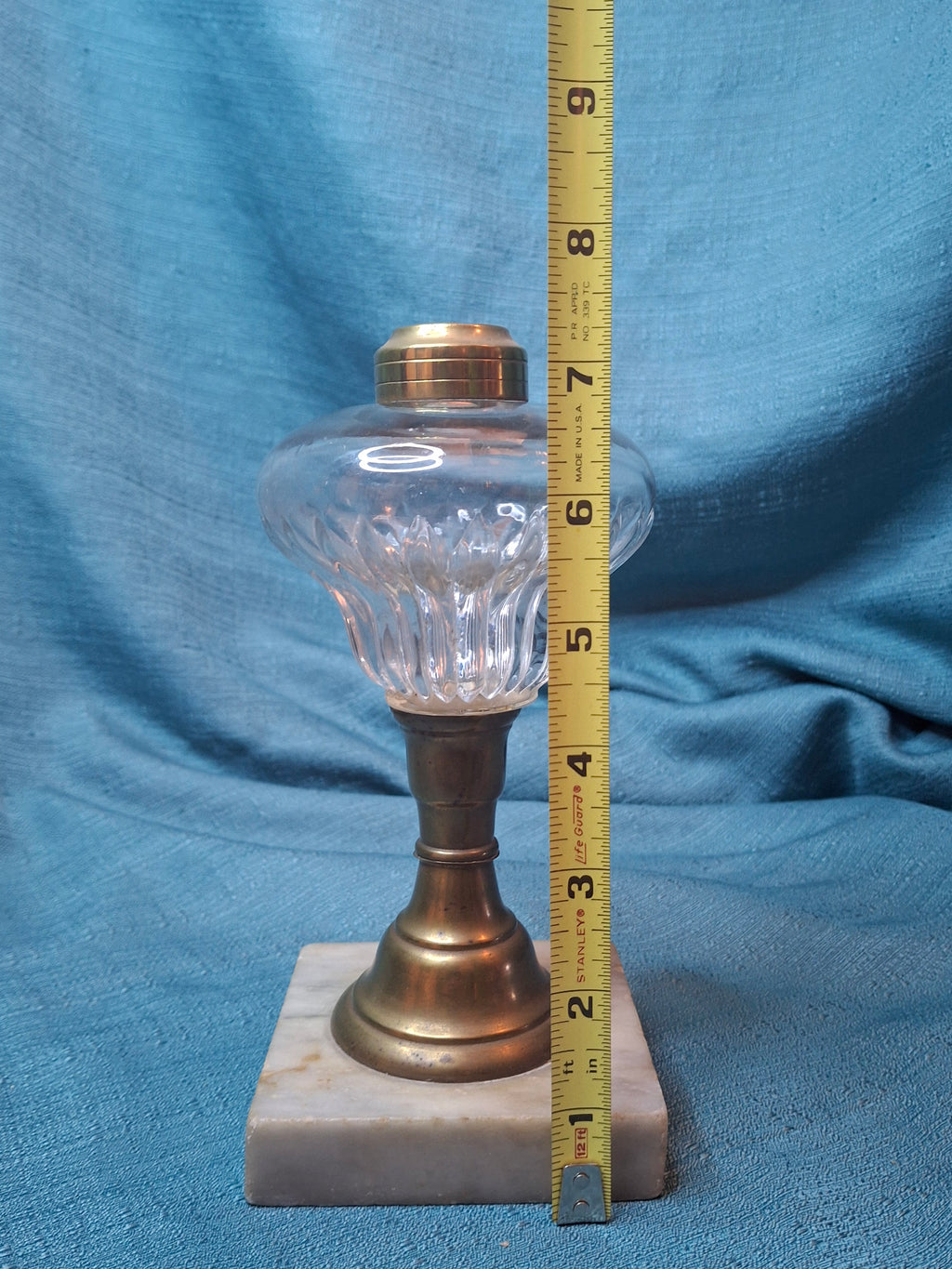 Antique 19thC Whale Oil Lamp Glass Petal Font Marble Base Early American 7.5"