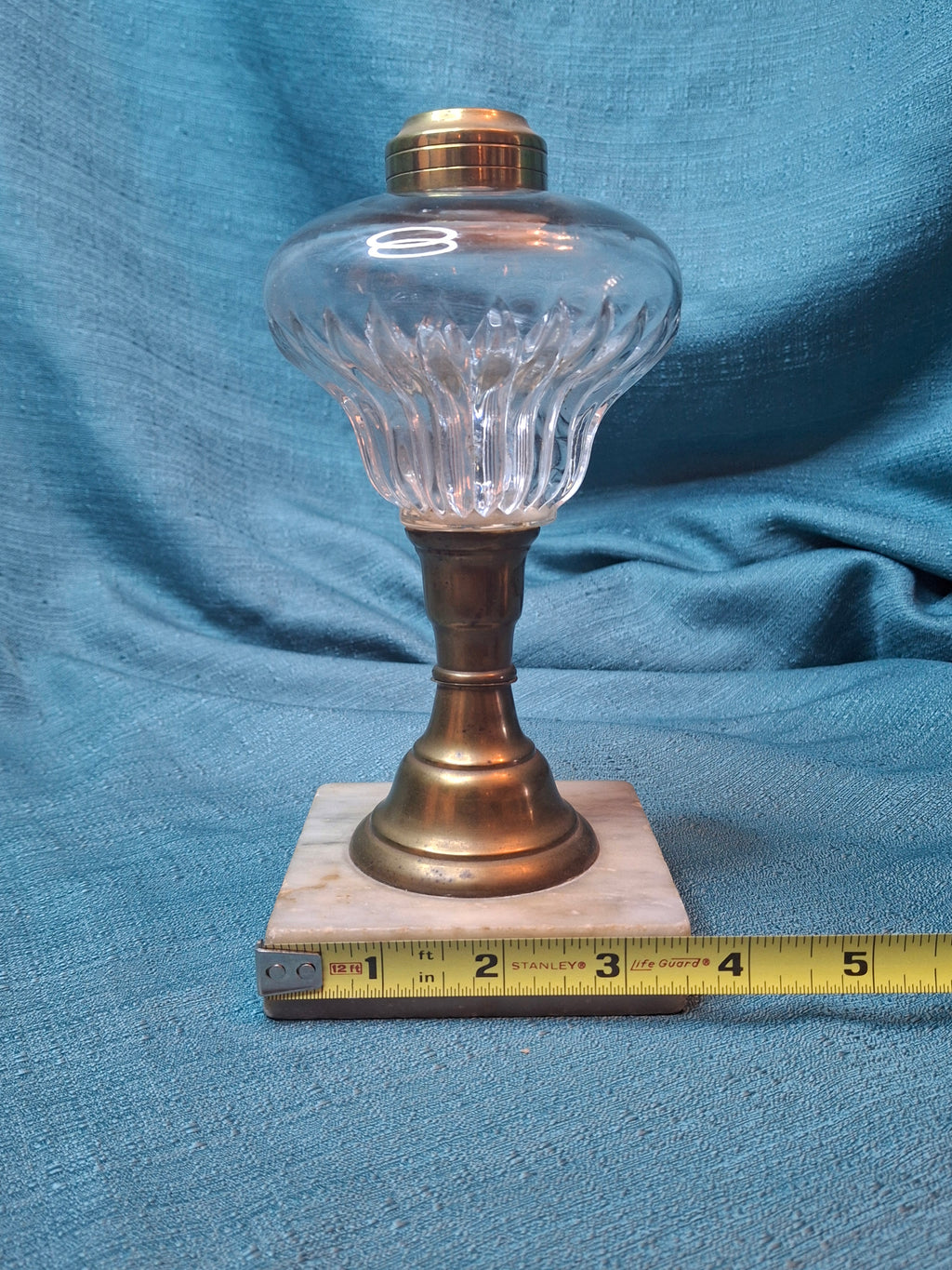 Antique 19thC Whale Oil Lamp Glass Petal Font Marble Base Early American 7.5"