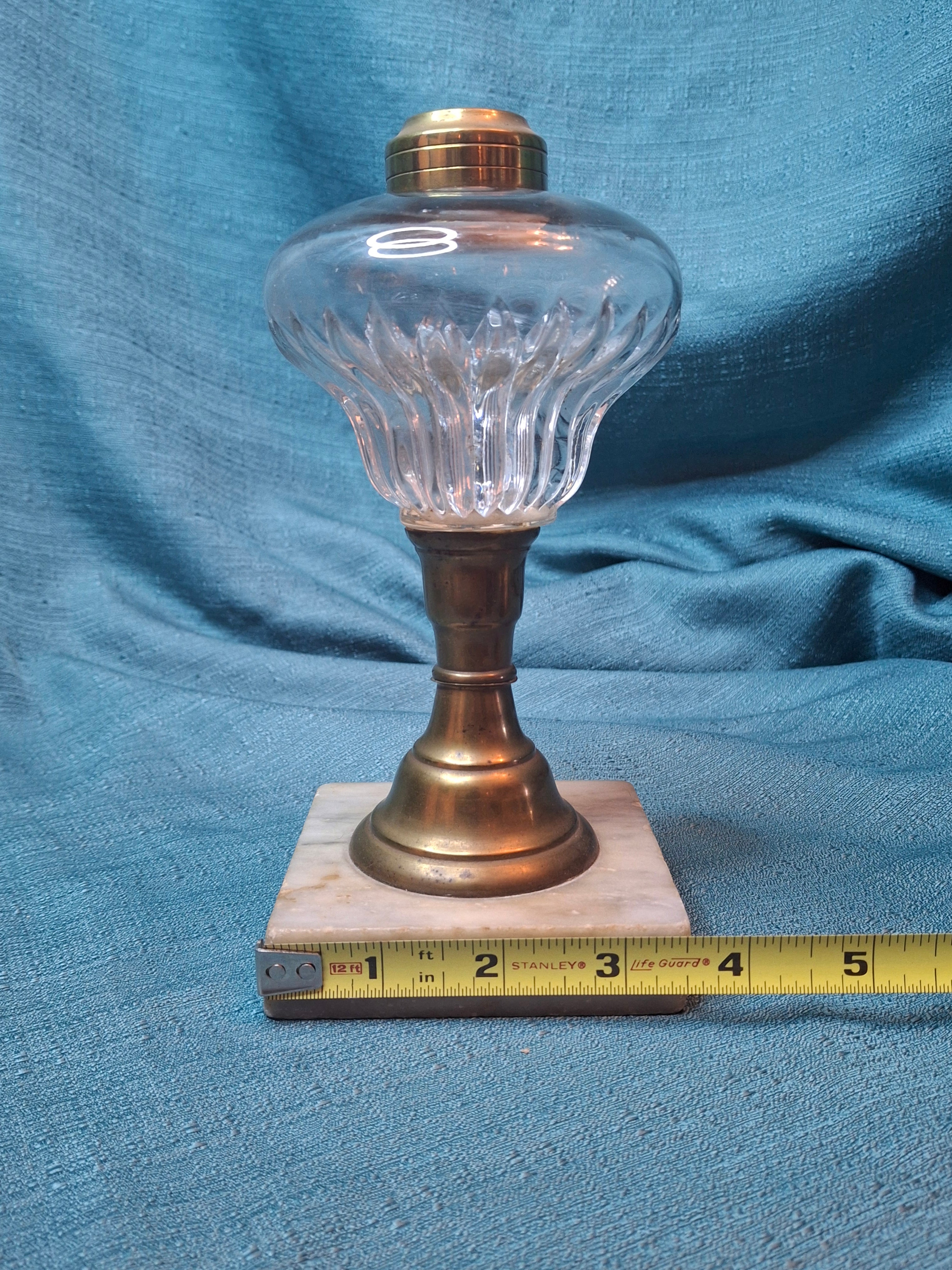 Antique 19thC Whale Oil Lamp Glass Petal Font Marble Base Early American 7.5"