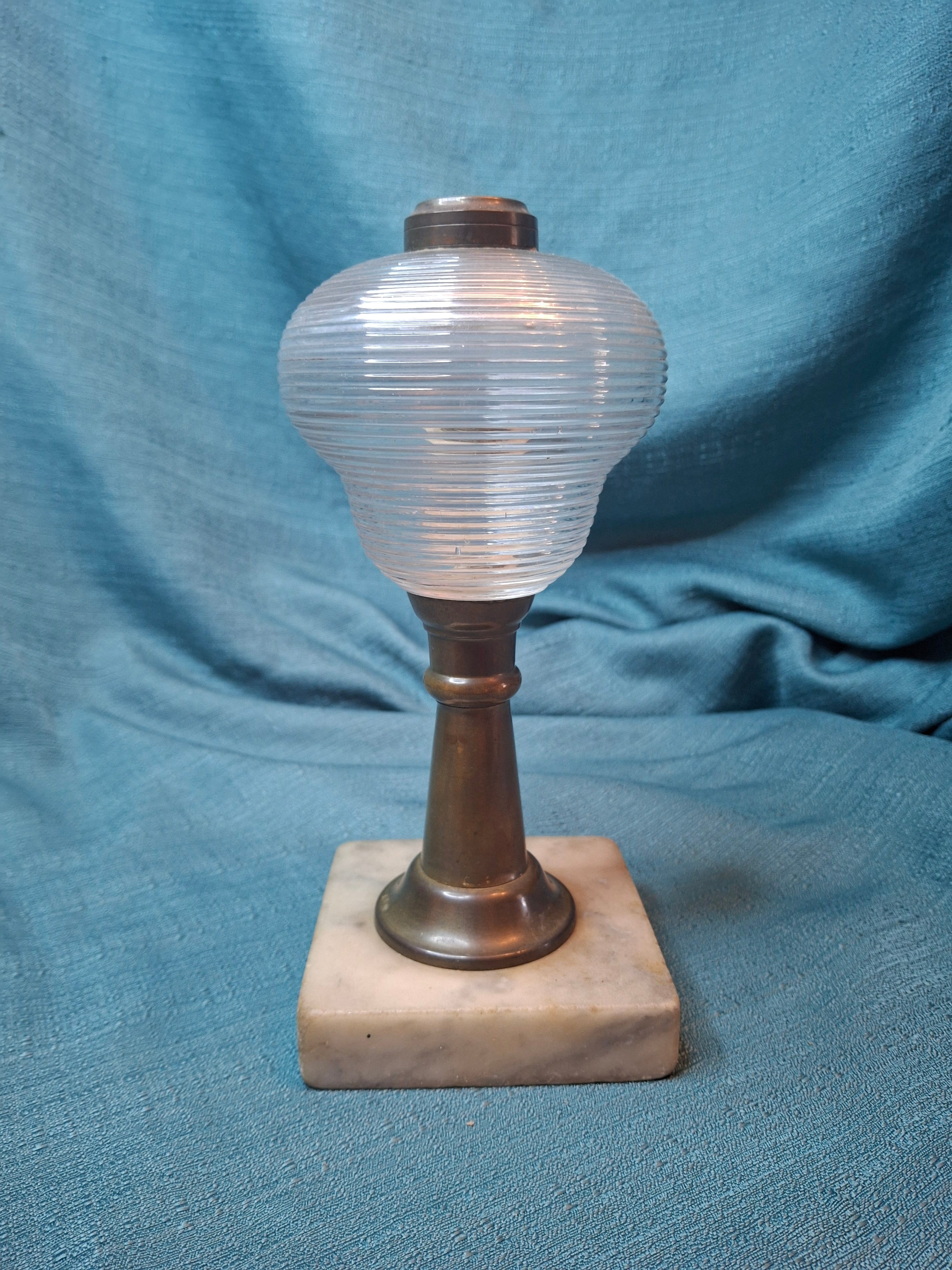 Antique 1850s Whale Oil Lamp Ribbed Glass Font Brass Stem Marble Base Sandwich 8"