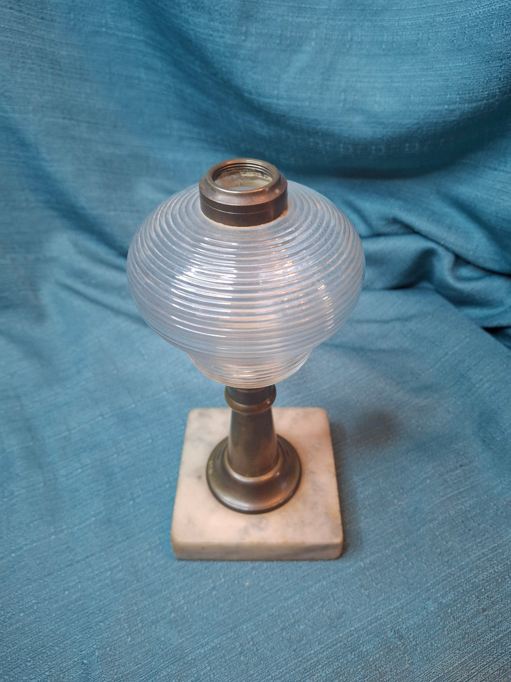 Antique 1850s Whale Oil Lamp Ribbed Glass Font Brass Stem Marble Base Sandwich 8"