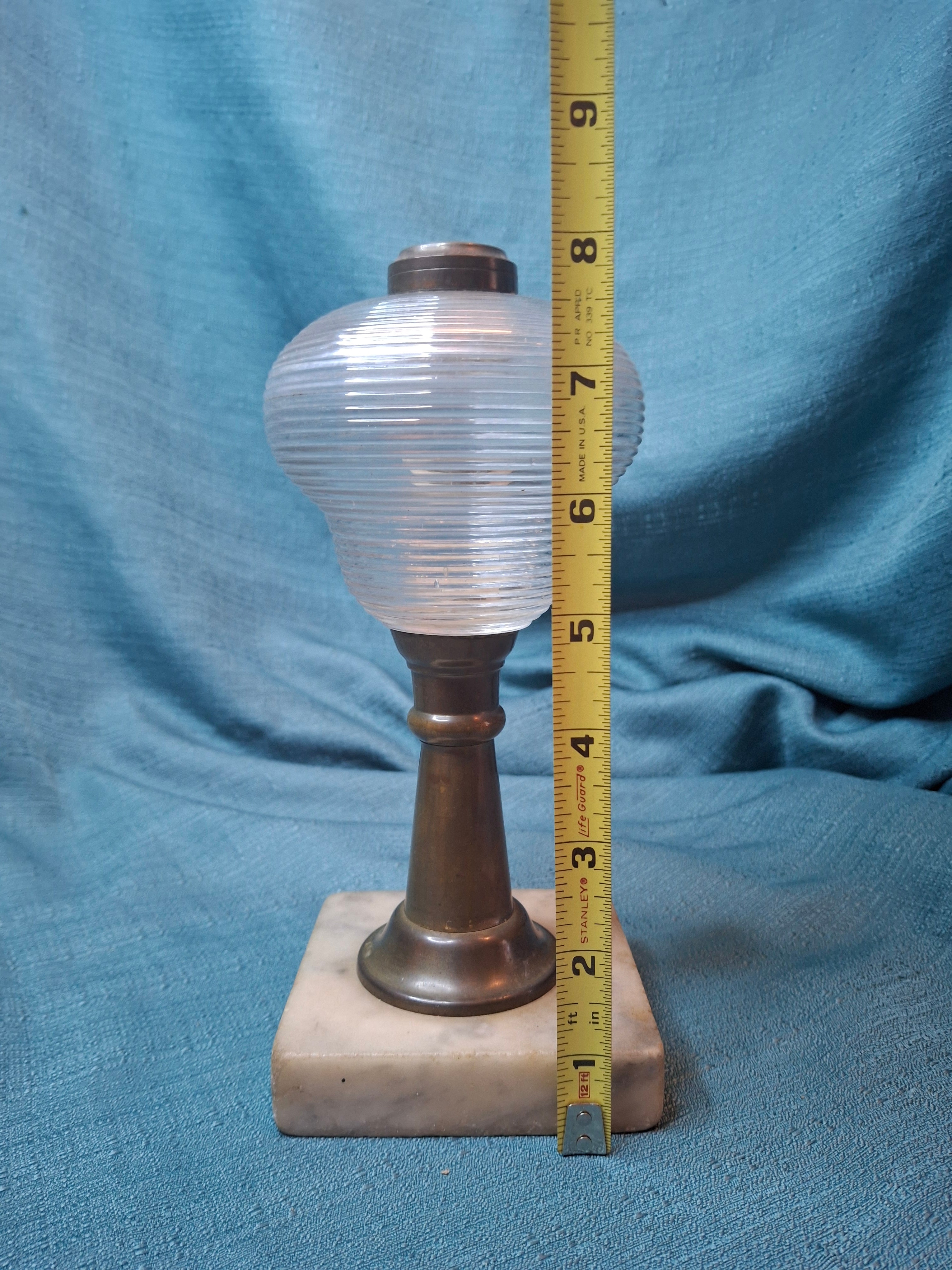 Antique 1850s Whale Oil Lamp Ribbed Glass Font Brass Stem Marble Base Sandwich 8"