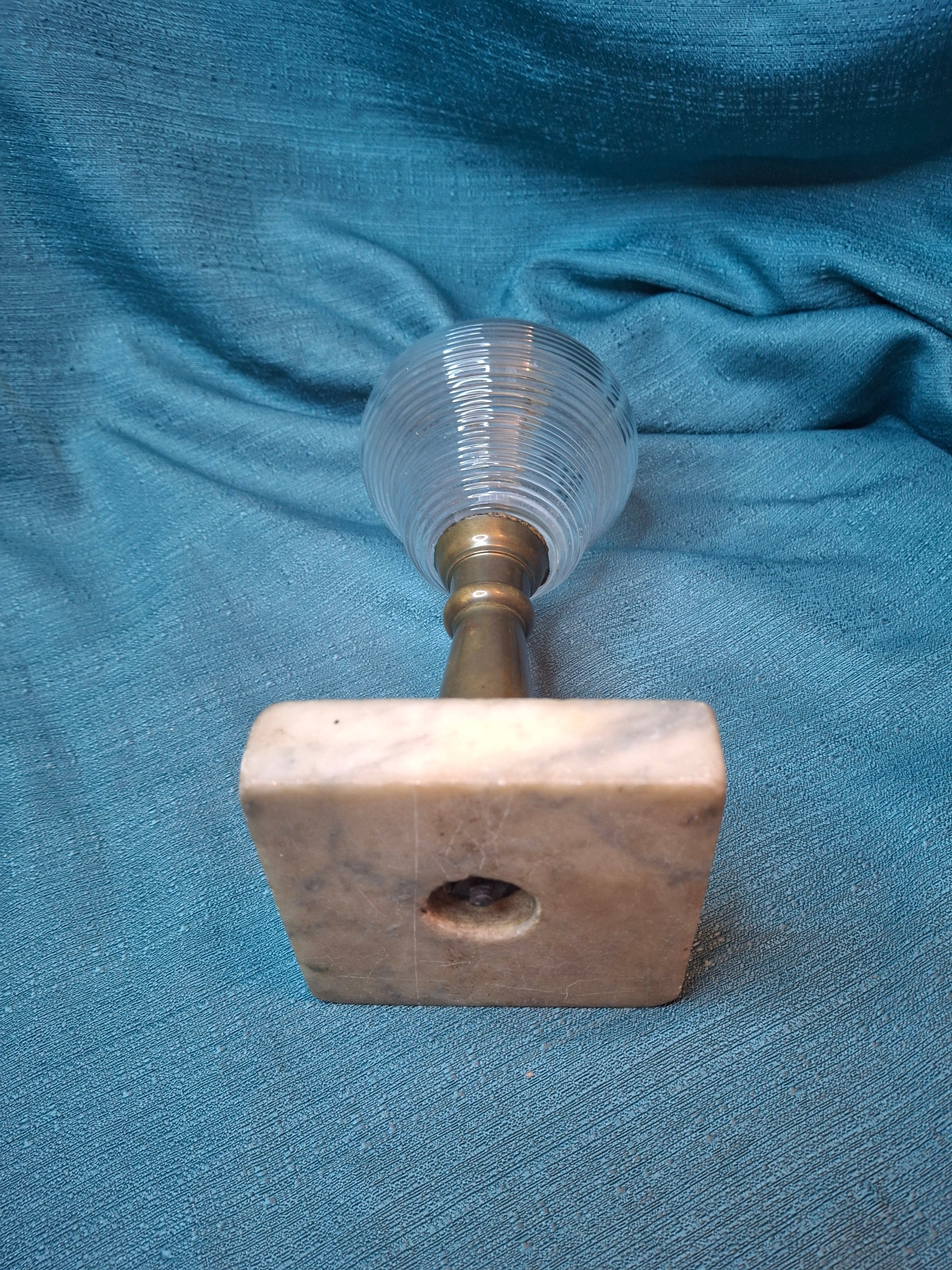 Antique 1850s Whale Oil Lamp Ribbed Glass Font Brass Stem Marble Base Sandwich 8"