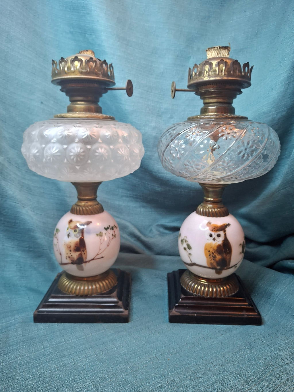 Pair Antique Victorian Opal Oil Lamps Hand Painted Owl Milk Glass Cast Iron P&A 20"