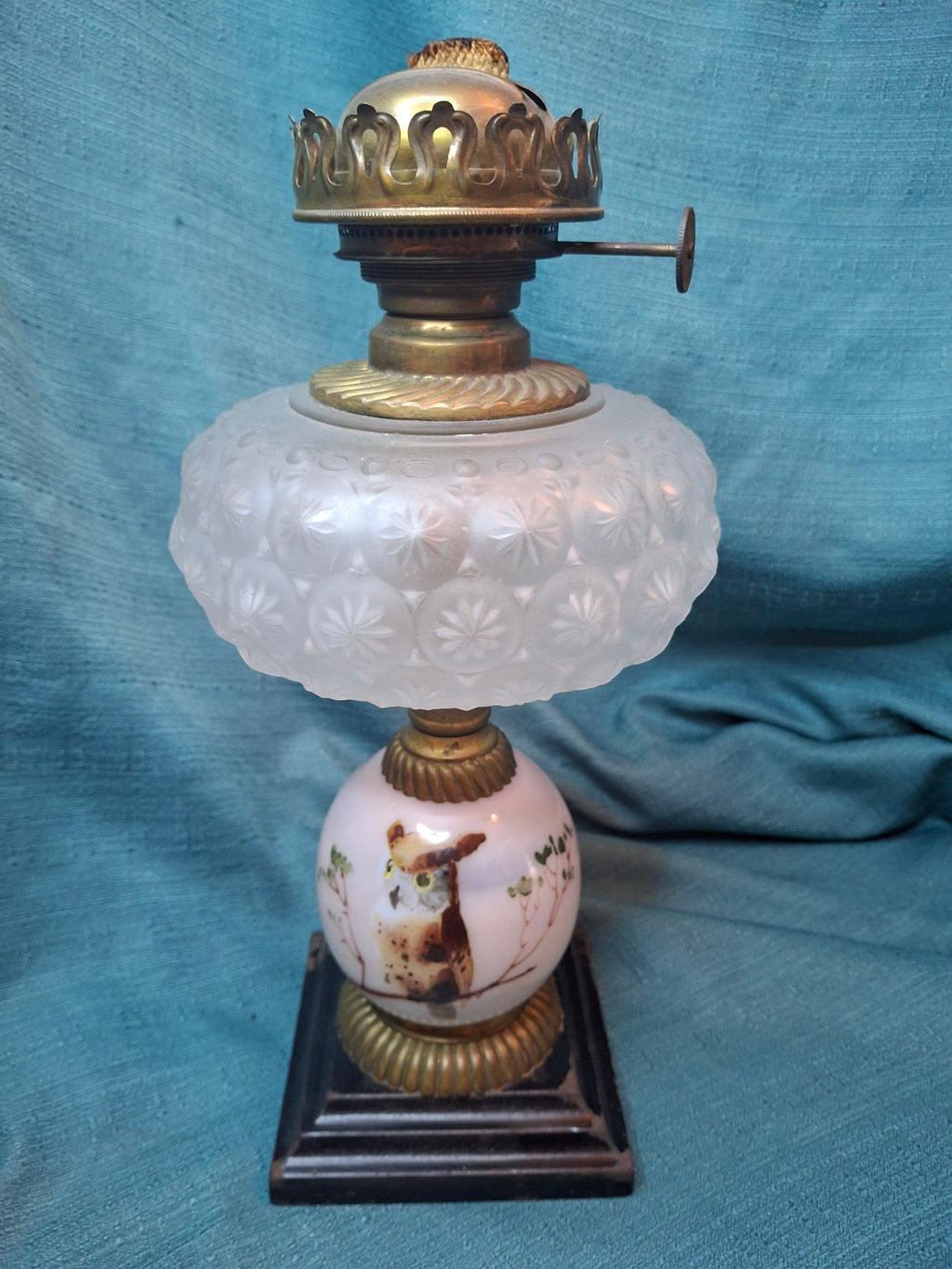 Pair Antique Victorian Opal Oil Lamps Hand Painted Owl Milk Glass Cast Iron P&A 20"
