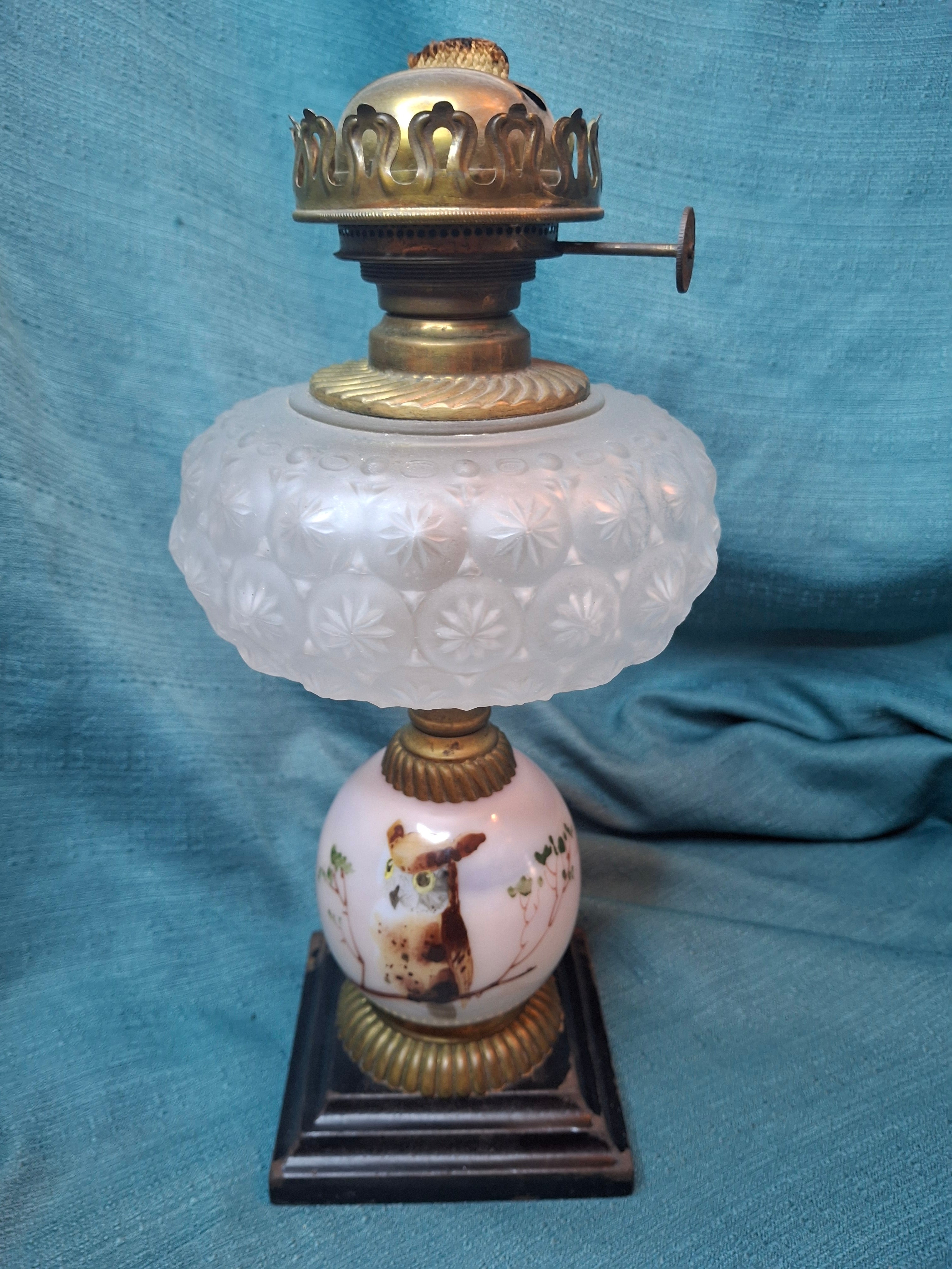 Pair Antique Victorian Opal Oil Lamps Hand Painted Owl Milk Glass Cast Iron P&A 20"
