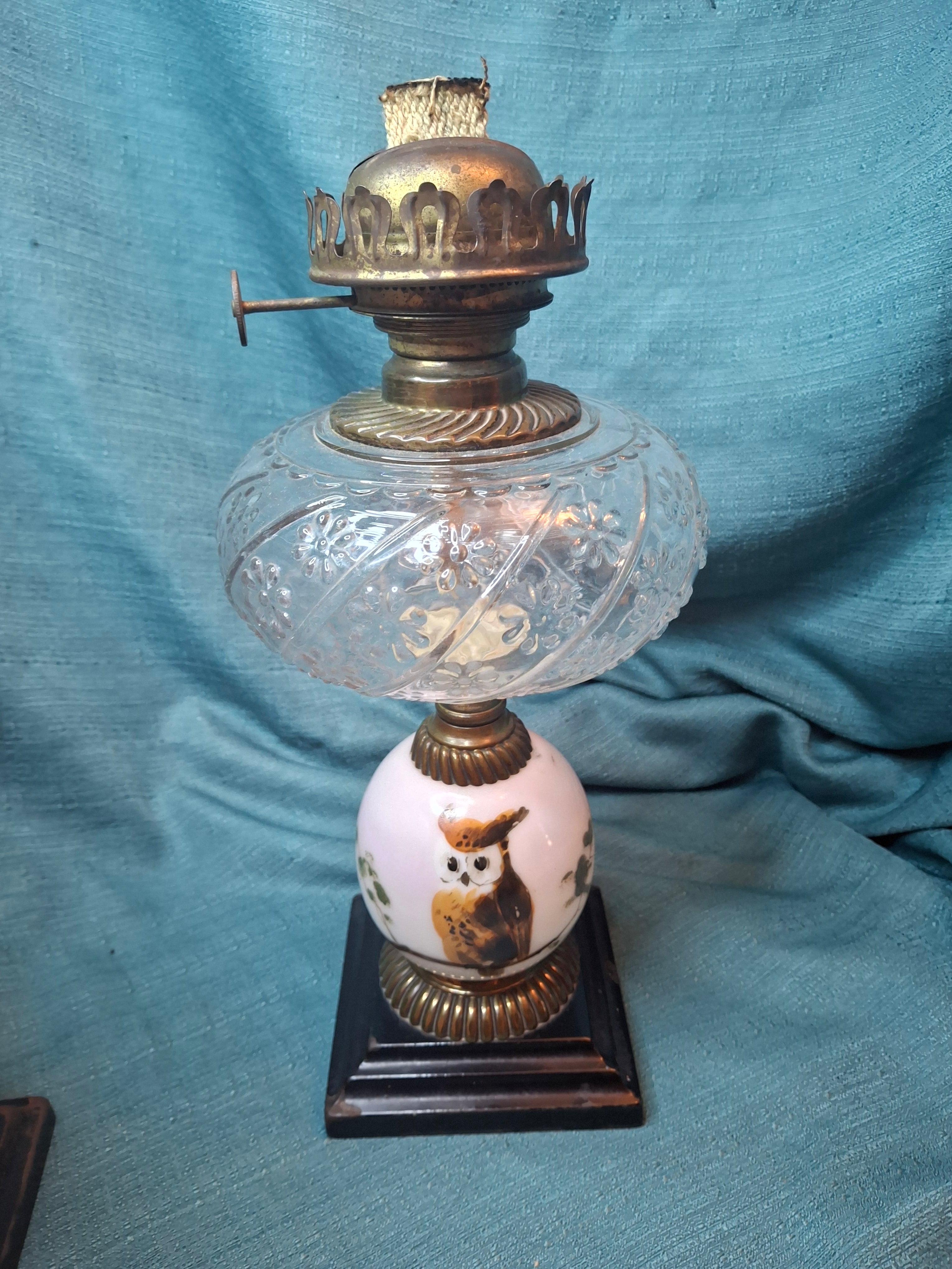 Pair Antique Victorian Opal Oil Lamps Hand Painted Owl Milk Glass Cast Iron P&A 20"
