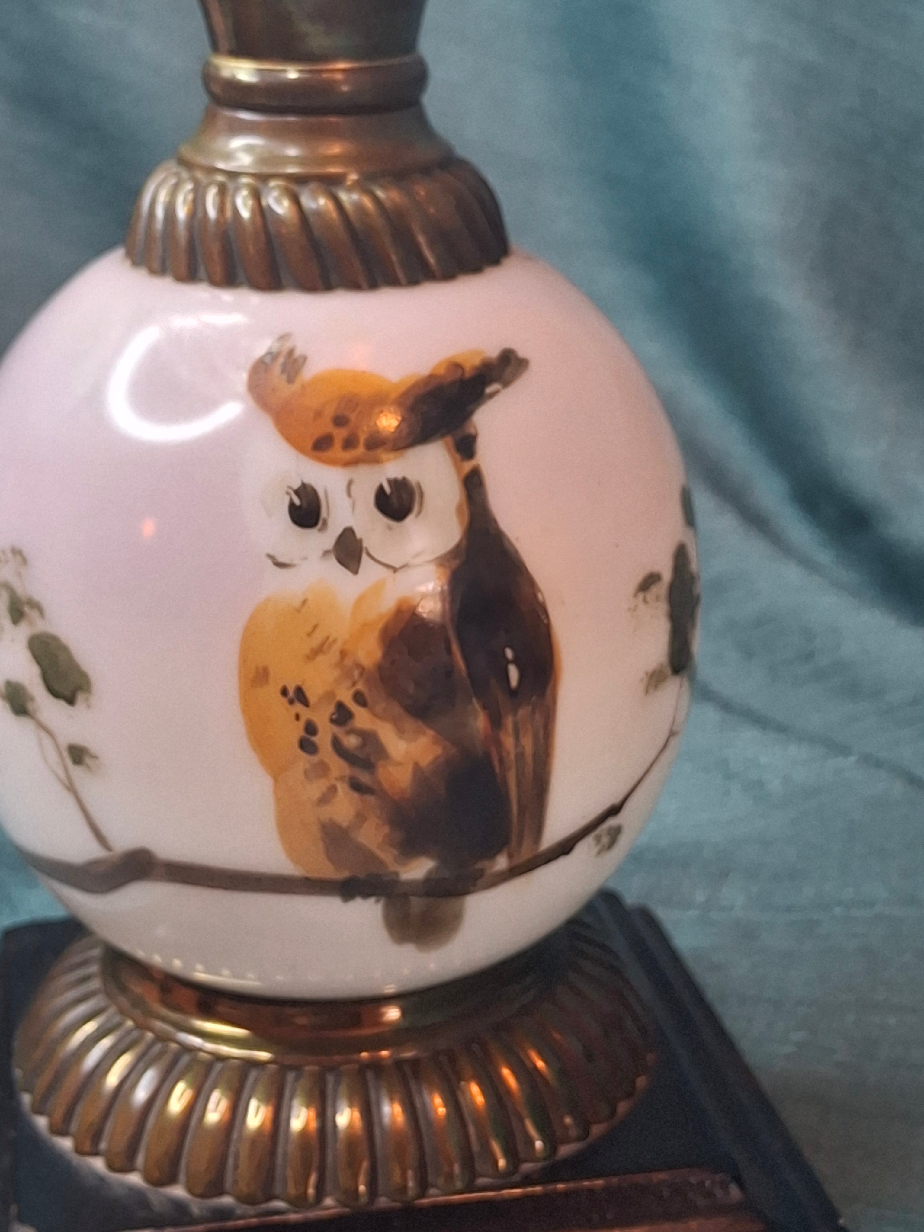 Pair Antique Victorian Opal Oil Lamps Hand Painted Owl Milk Glass Cast Iron P&A 20"