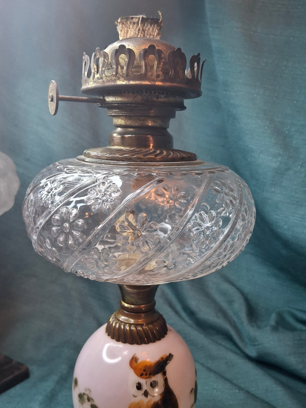 Pair Antique Victorian Opal Oil Lamps Hand Painted Owl Milk Glass Cast Iron P&A 20"
