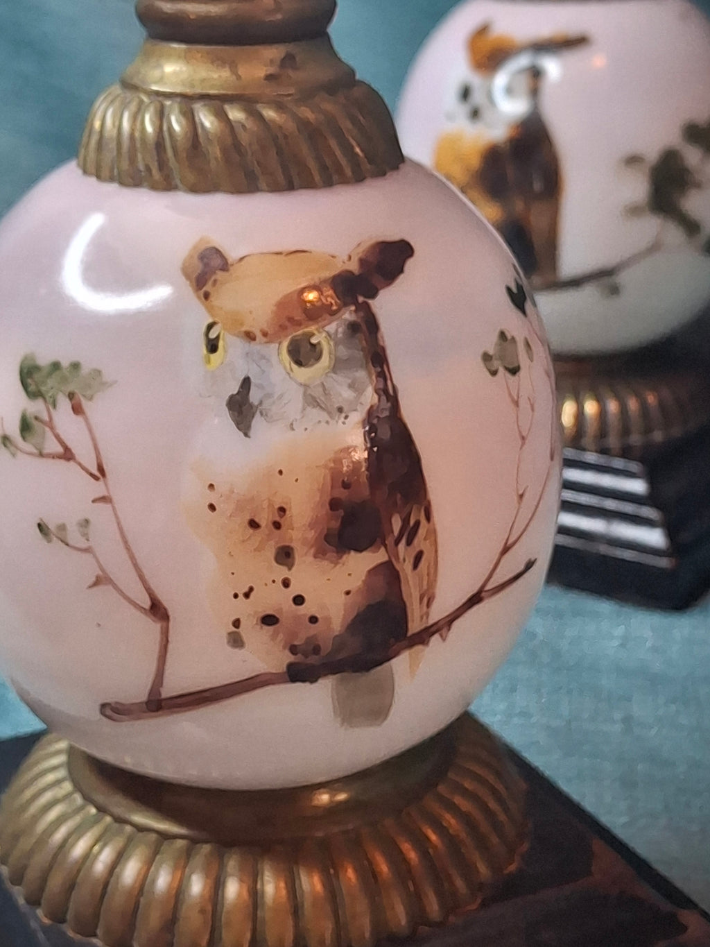 Pair Antique Victorian Opal Oil Lamps Hand Painted Owl Milk Glass Cast Iron P&A 20"