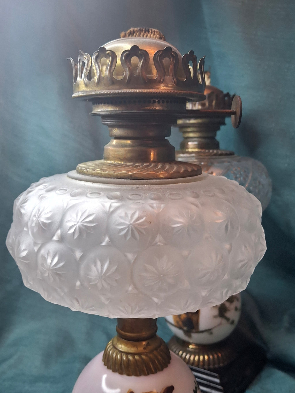 Pair Antique Victorian Opal Oil Lamps Hand Painted Owl Milk Glass Cast Iron P&A 20"