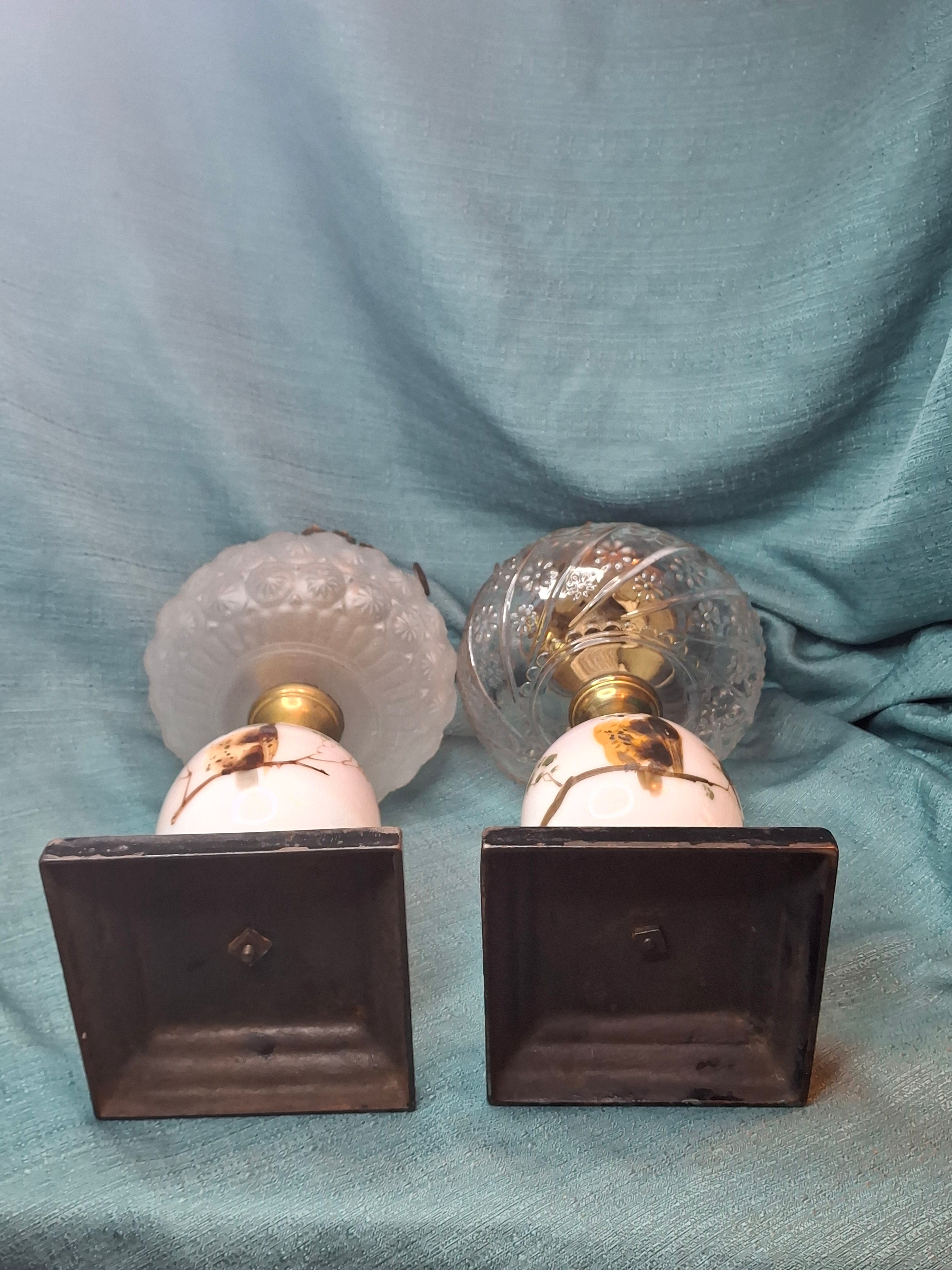 Pair Antique Victorian Opal Oil Lamps Hand Painted Owl Milk Glass Cast Iron P&A 20"