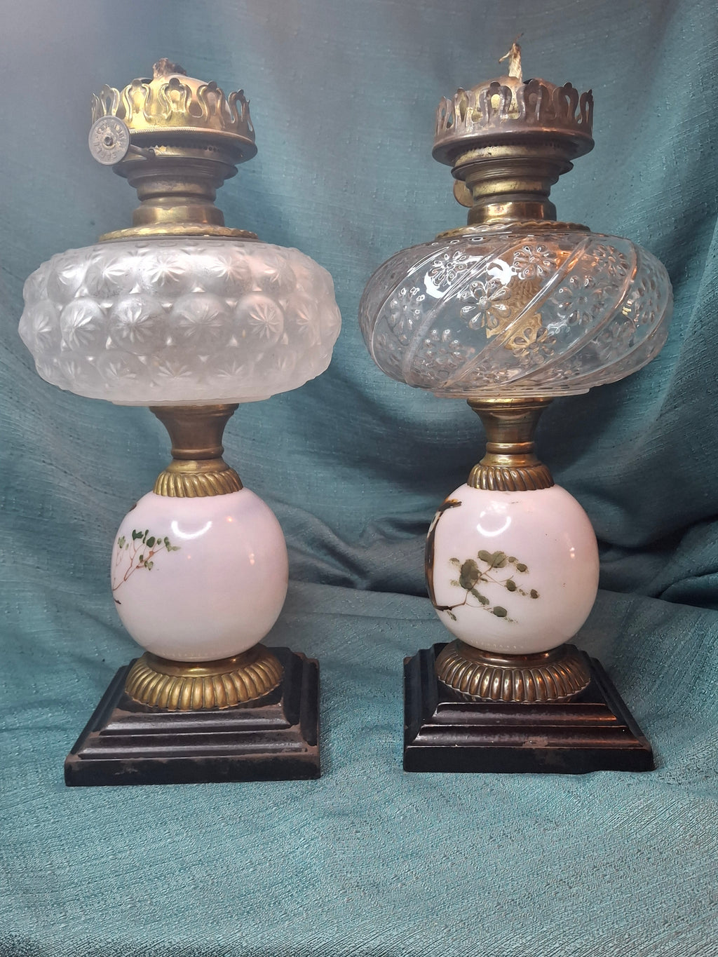 Pair Antique Victorian Opal Oil Lamps Hand Painted Owl Milk Glass Cast Iron P&A 20"
