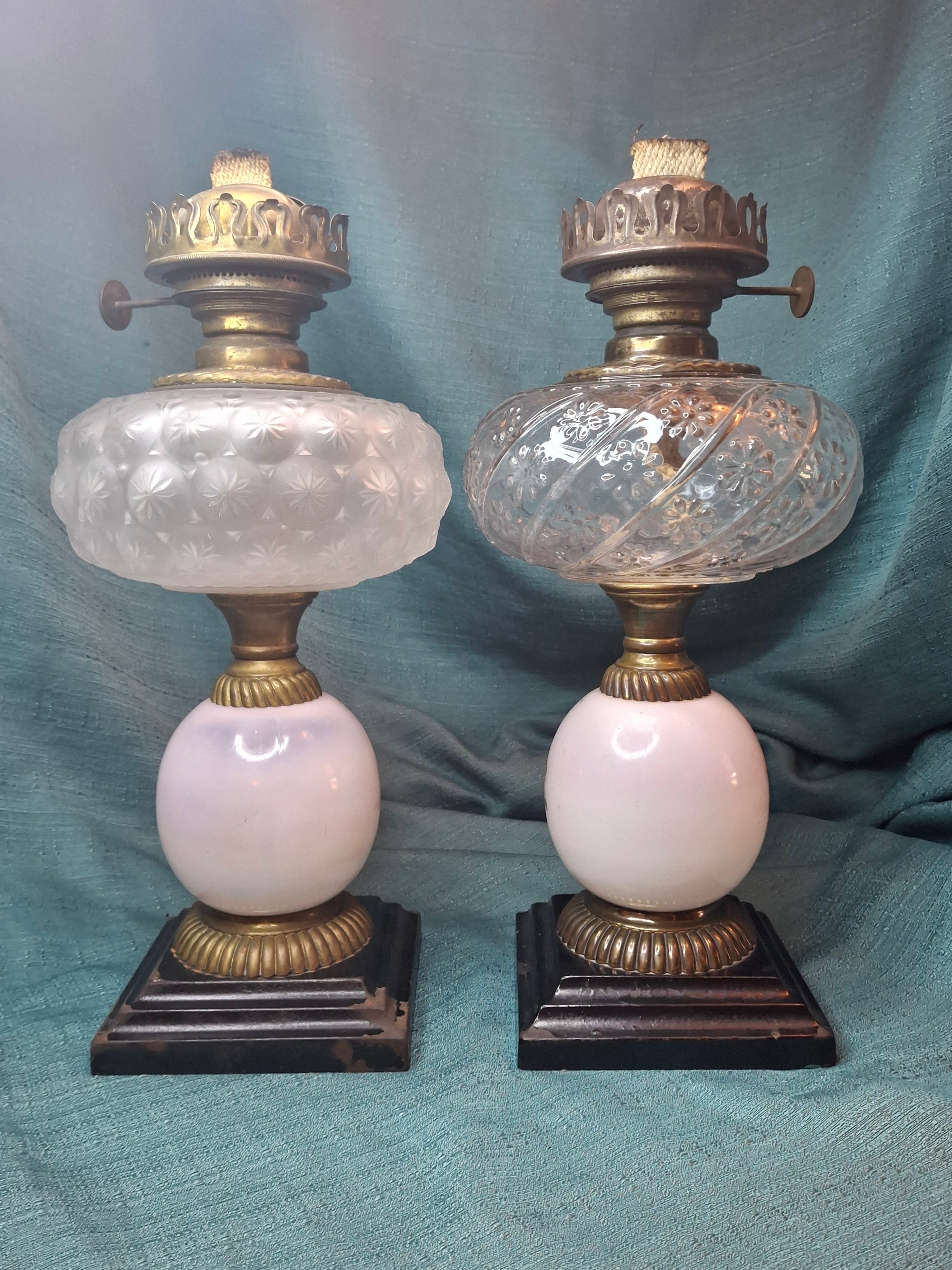 Pair Antique Victorian Opal Oil Lamps Hand Painted Owl Milk Glass Cast Iron P&A 20"