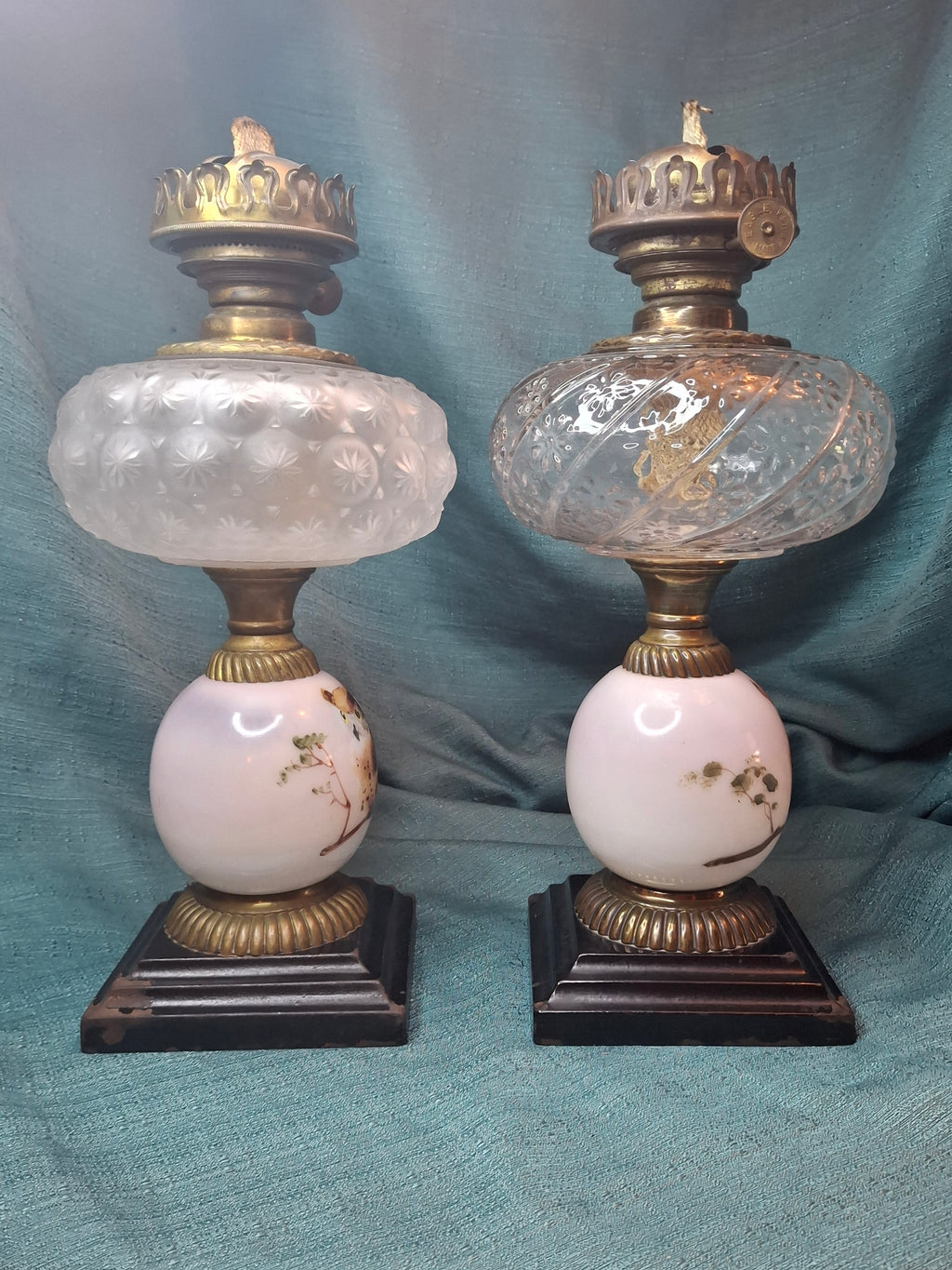 Pair Antique Victorian Opal Oil Lamps Hand Painted Owl Milk Glass Cast Iron P&A 20"
